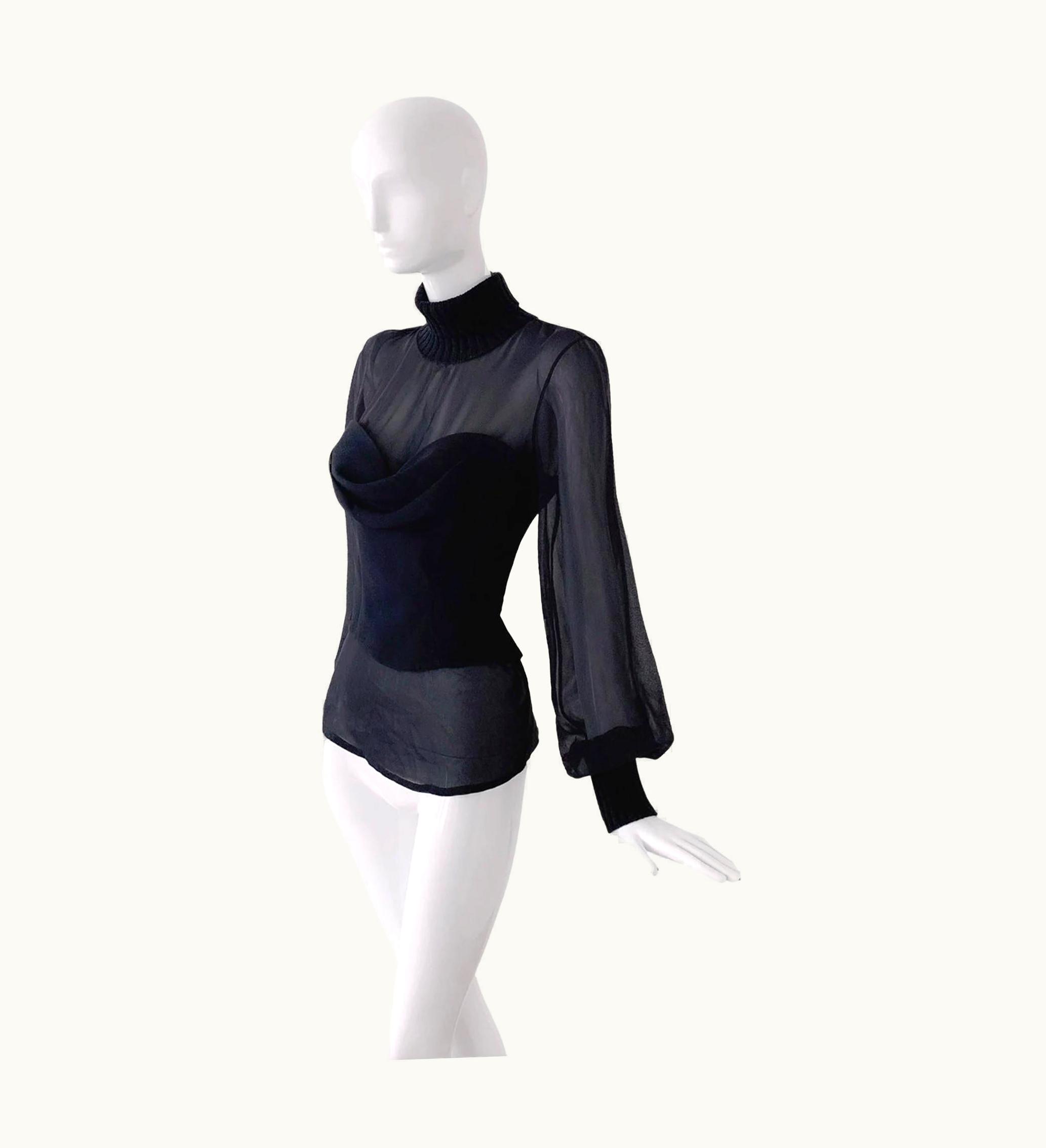 Mugler Beautiful Mugler Blouse Black Semi Sheer Top Wool Collar Cuffs Sexy