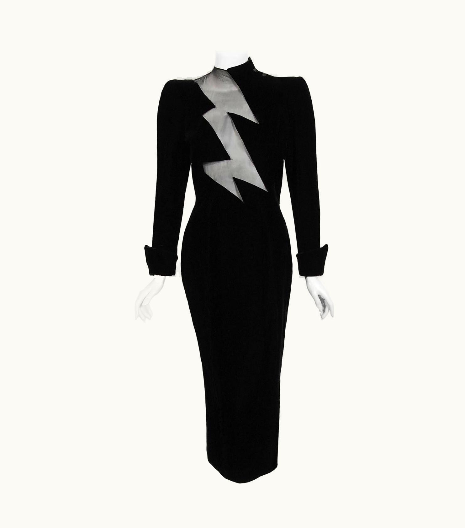Mugler 1989 Thierry Mugler Runway Black Velvet Lightning Bolt Sheer Illusion Dress