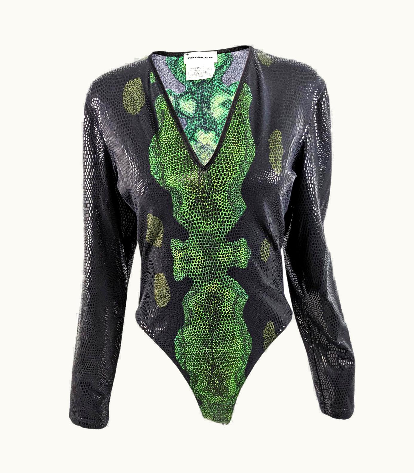 Mugler Thierry Mugler Vintage 90s Sexy Black & Green Snakeskin Print Bodysuit, 1990s