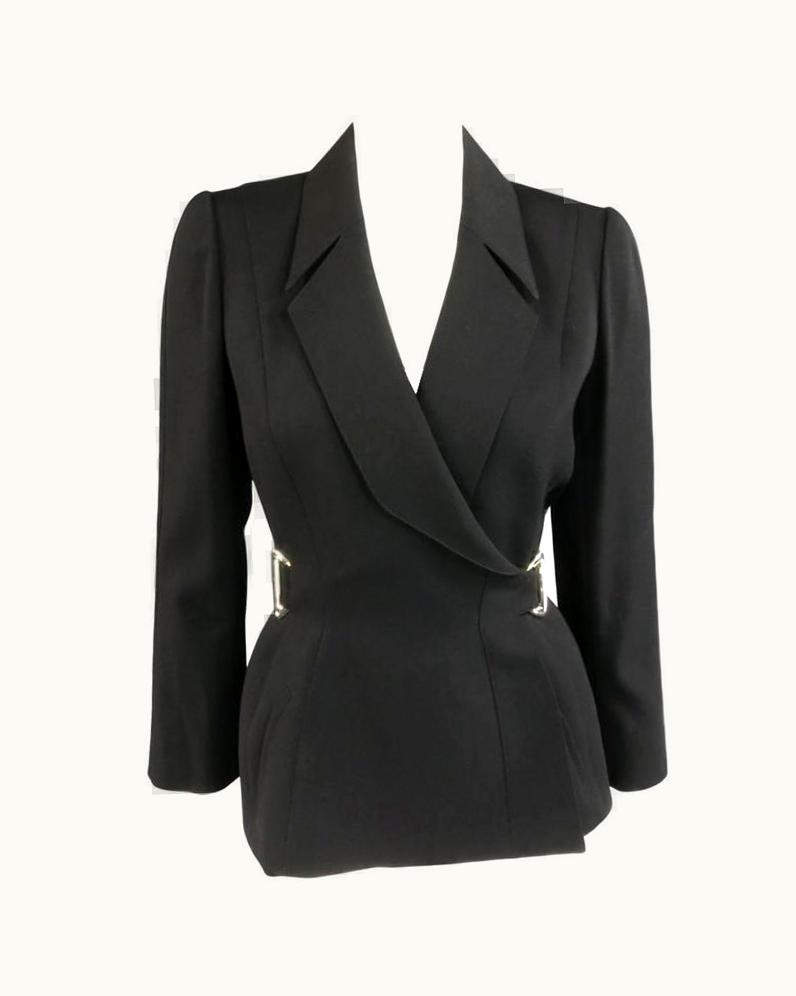 Mugler Thierry Mugler 1990' Black Wool Wrap & Tie Silver Tone Hardware Jacket