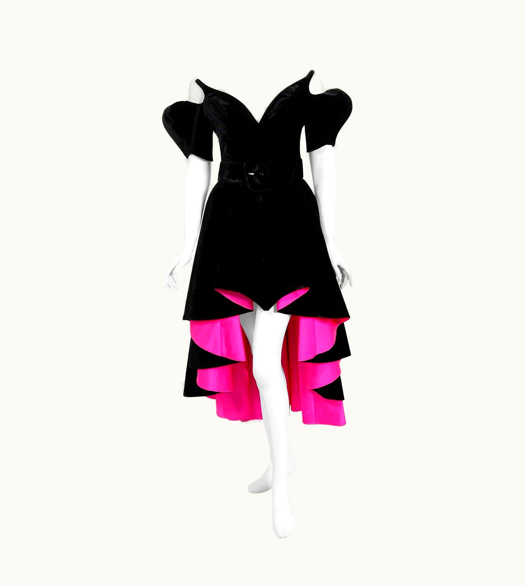 Mugler Vintage 1991 Thierry Mugler Runway Black Velvet Fuchsia-Pink Silk High Low Gown