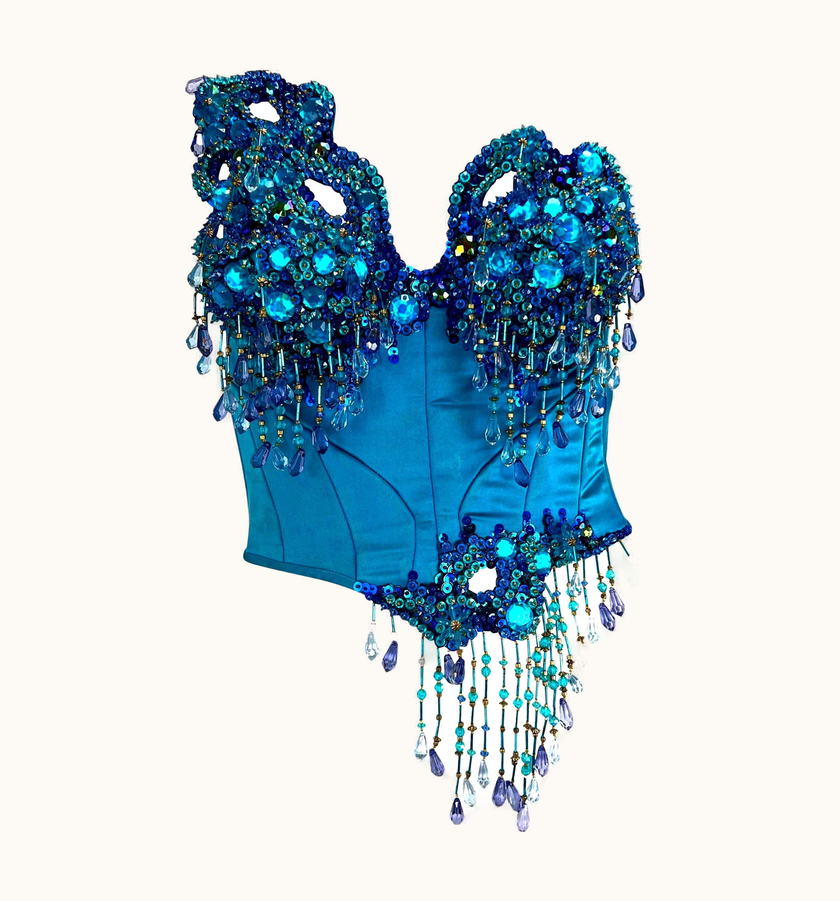 Mugler Early 1990s Thierry Mugler Blue Rhinestone Encrusted Bead Bustier Corset