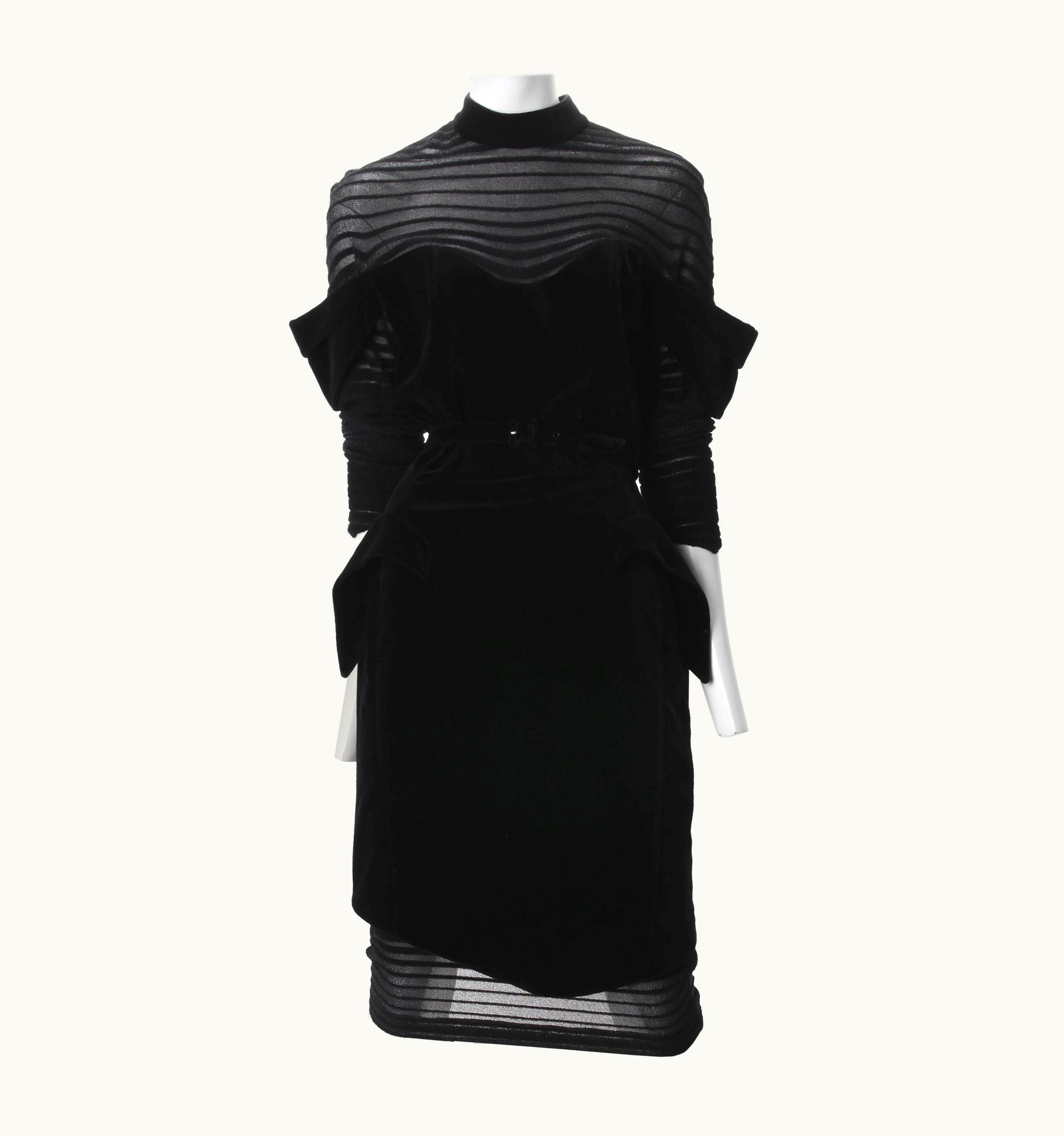 Mugler Dramatic Fall 1995 Thierry Mugler Black Velvet Structured Dress Museum