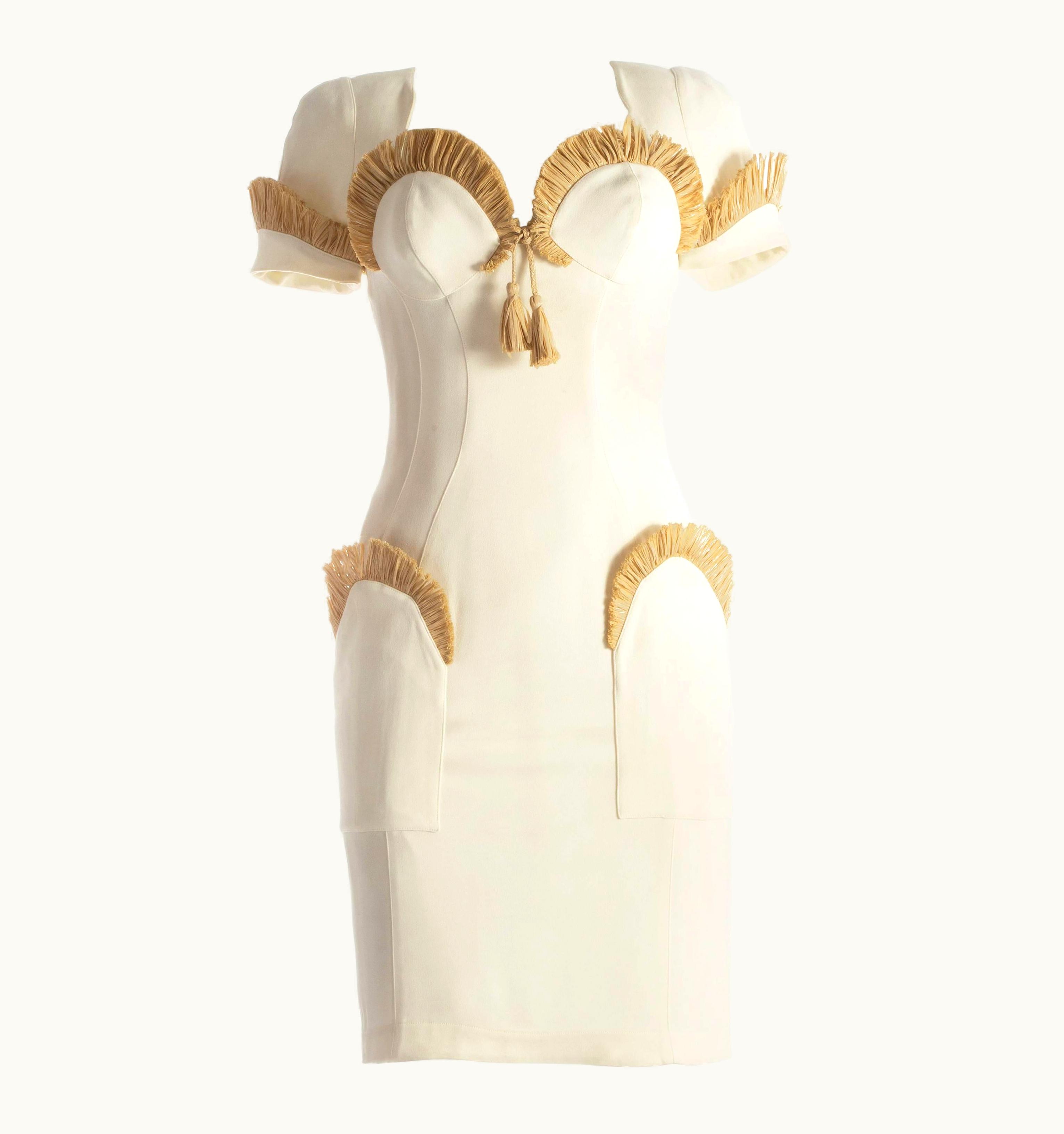 Mugler Thierry Mugler Ivory Cocktail Dress With Raffia Trim, S/S 1995