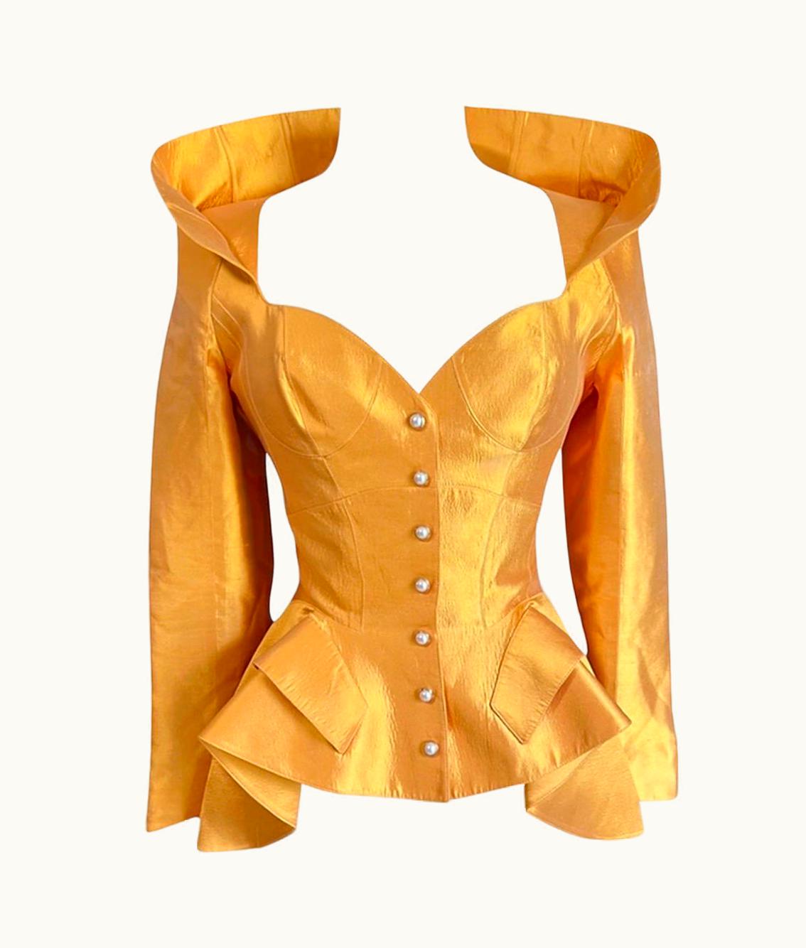 Mugler AW 1995 Thierry Mugler Haute Couture Gold Silk Runway Jacket Seen On Kate Moss