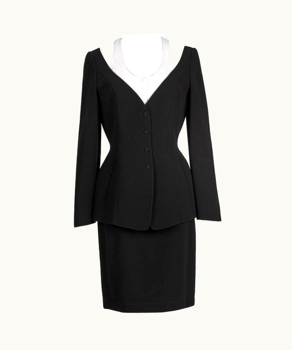 Mugler 1980s/90s Thierry Mugler Black Structured Jacket & Skirt Suit With White Vest