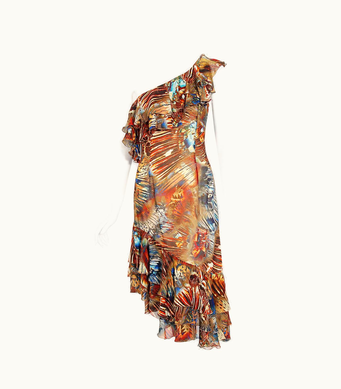 Mugler Vintage 1997 Thierry Mugler Couture Butterfly Wings Print Silk Asymmetric Dress