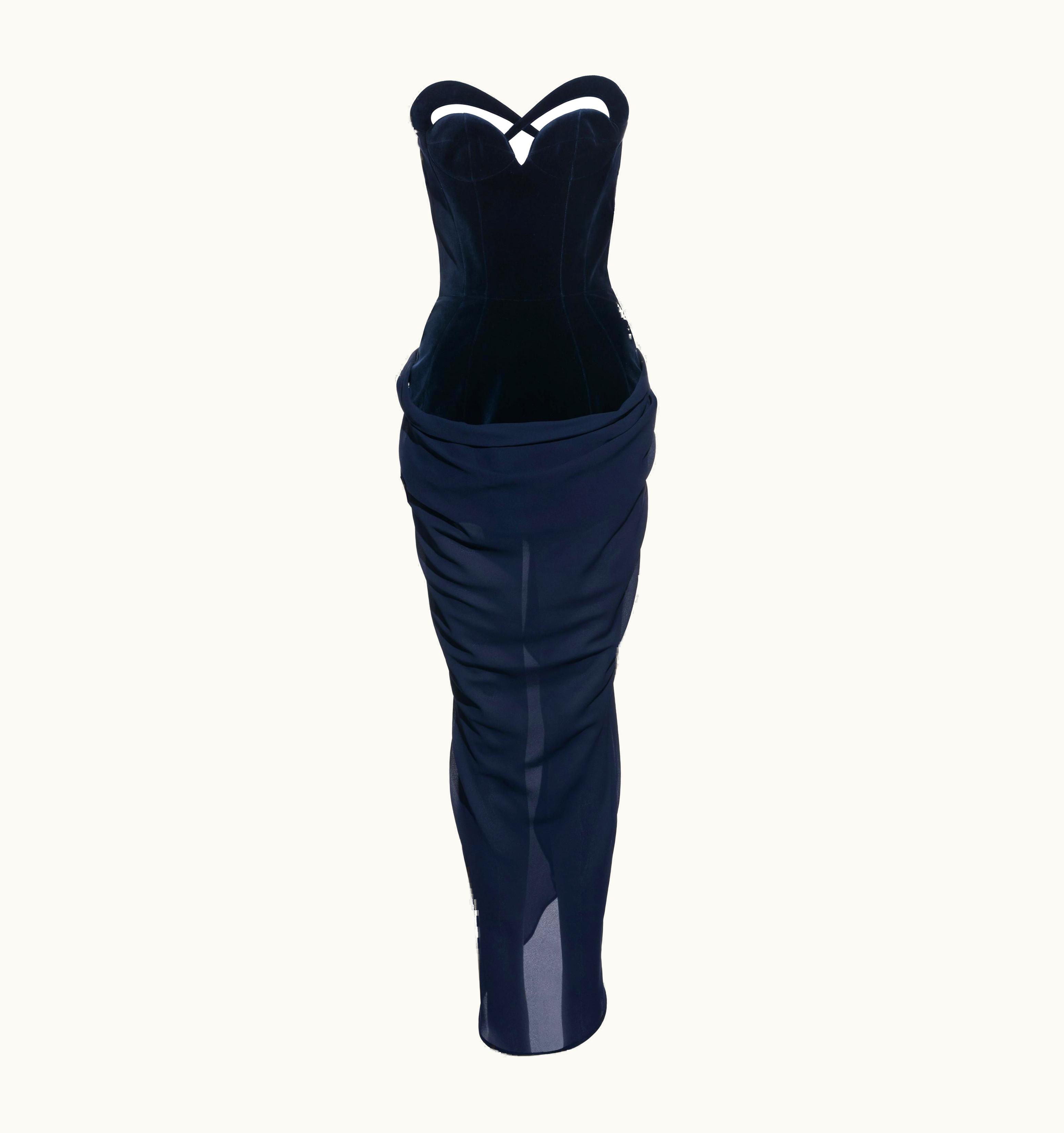 Mugler Thierry Mugler Blue Velvet Corseted Evening Dress With Chiffon Skirt, AW 1998