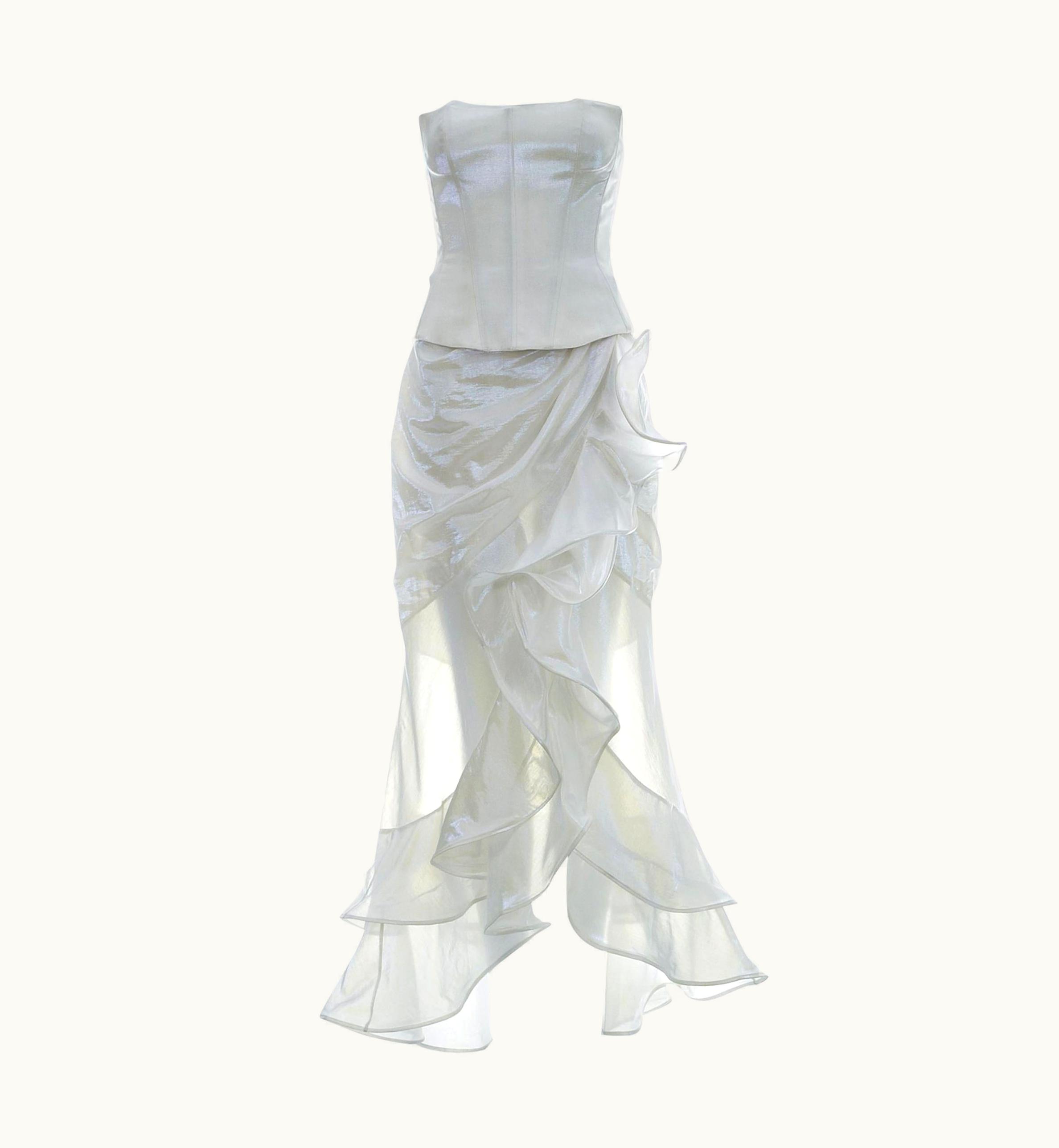 Mugler Thierry Mugler Metallic Pearl White Corset And Ruffled Skirt Ensemble, S/S 1999