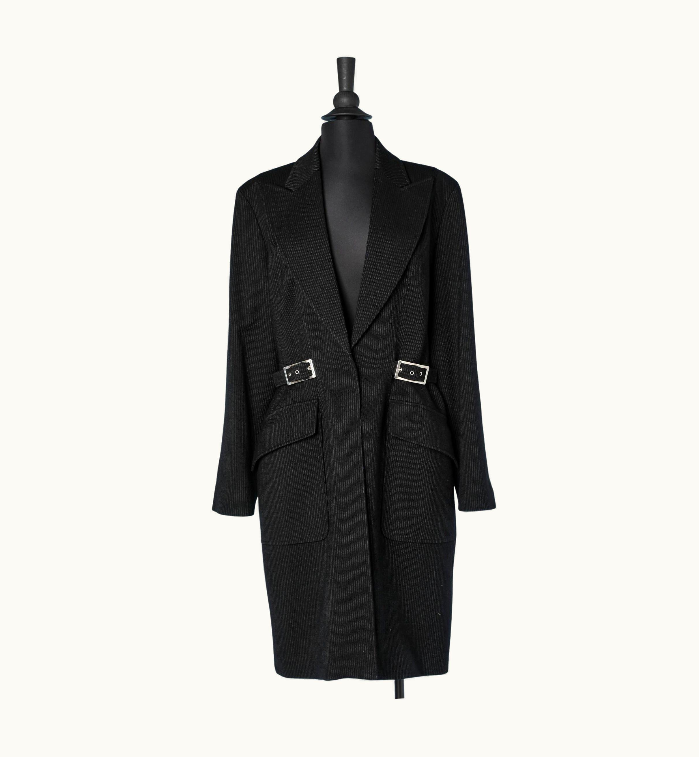 Mugler Wool Black Coat With Thin Stripes And Silver Metal Buckles Mugler