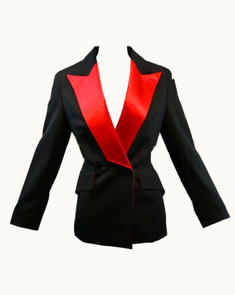 Mugler AW 2001 Thierry Mugler Couture Runway Red Satin Black Tuxedo Jacket