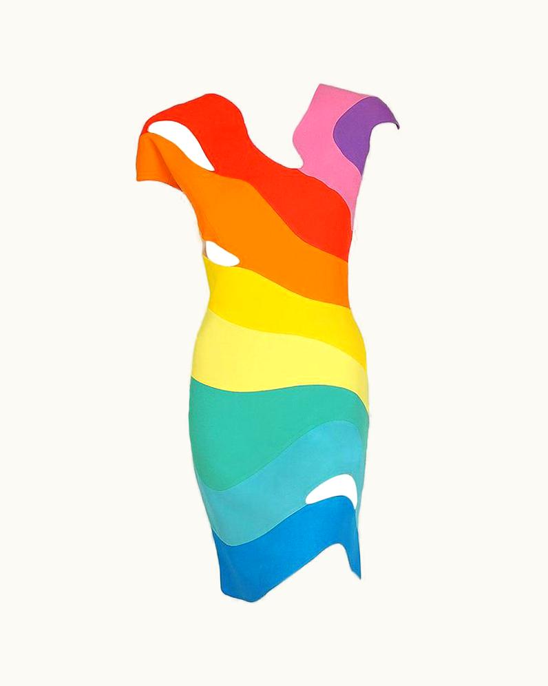 Mugler 1990 Thierry Mugler Couture Documented Rainbow Bodycon Cut-Out Hourglass Dress