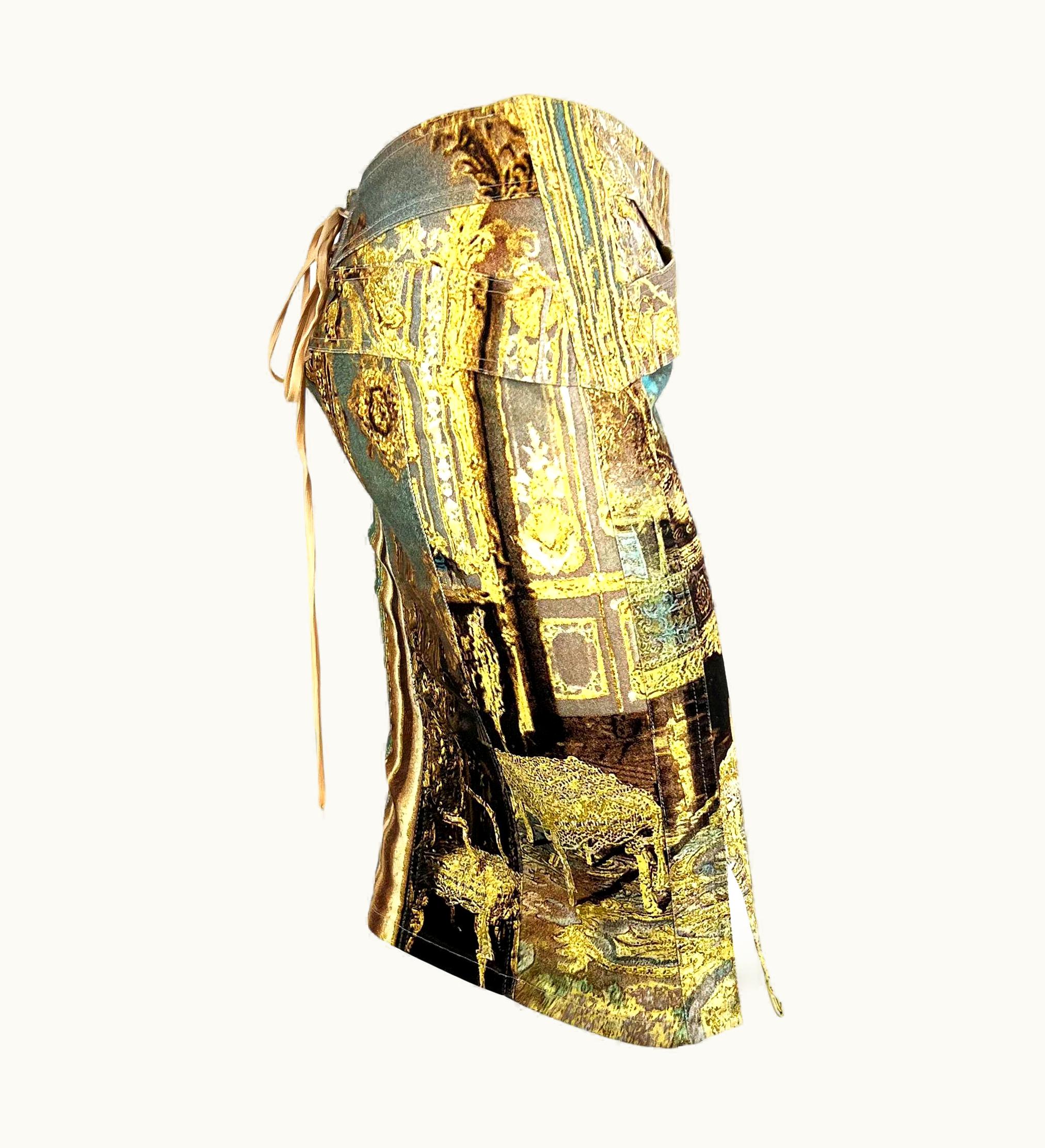 Roberto Cavalli S/S 2003 Roberto Cavalli Baroque Printed Denim Corset Lace Up Skirt