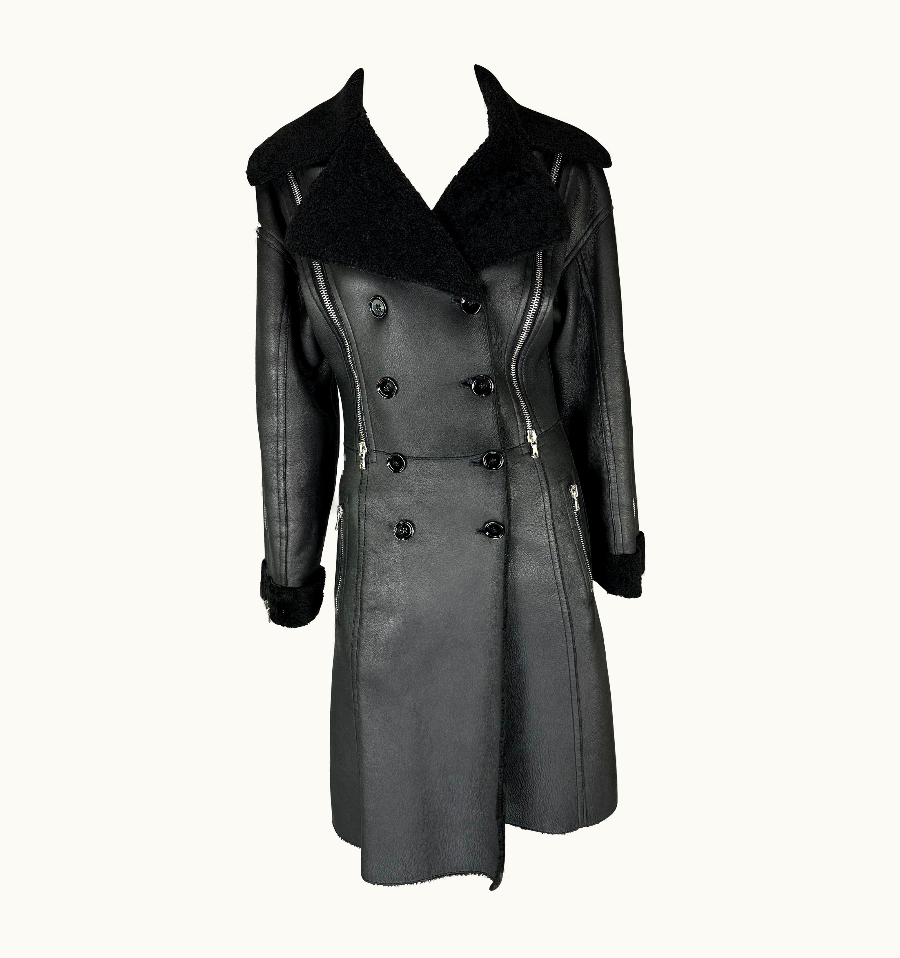 Dolce & Gabbana AW 2003 Dolce & Gabbana Shearling Lined Black Leather Adjustable Zip Coat
