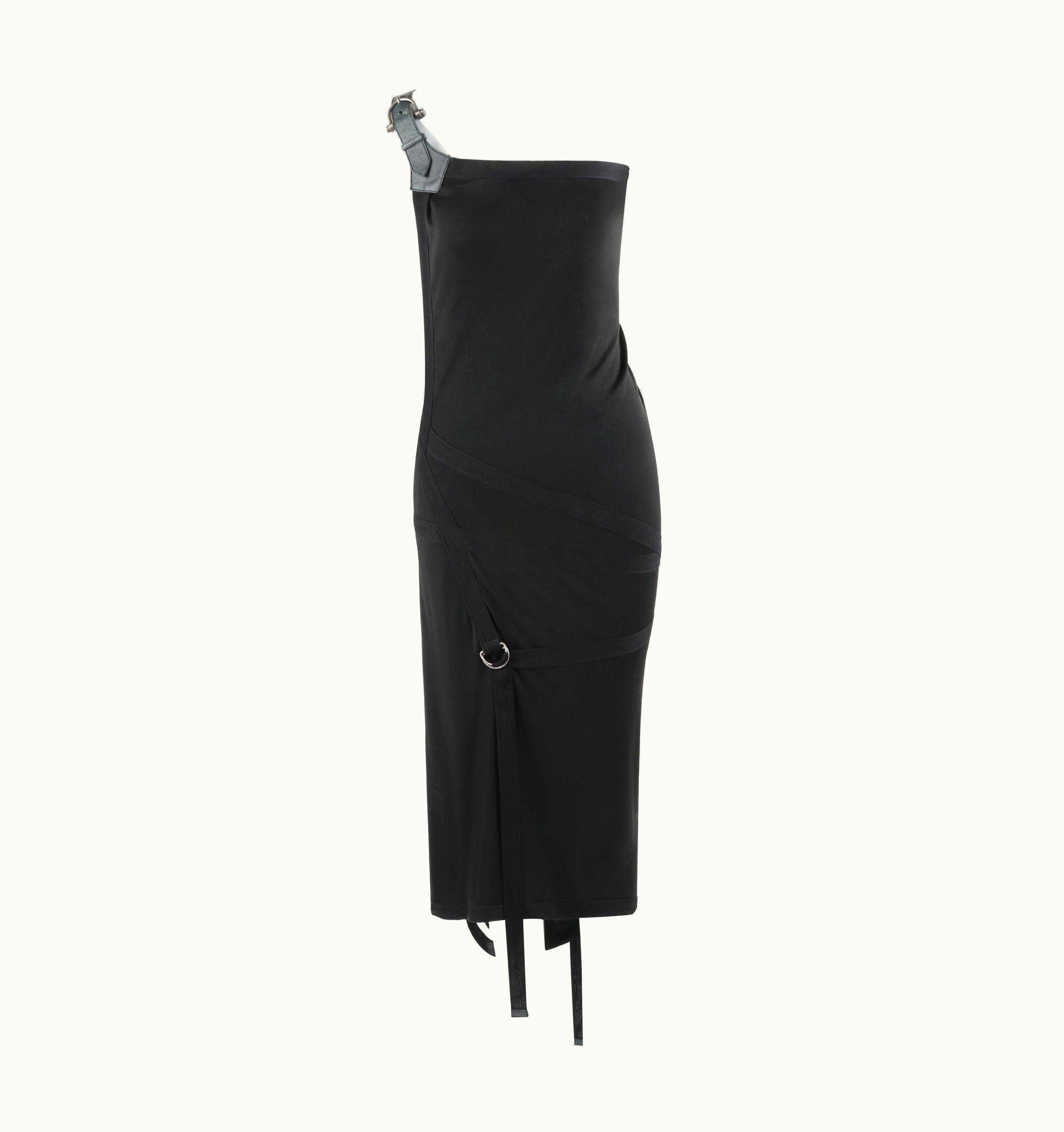 Alexander McQueen Alexander McQUEEN S/S 2003 "Irere" Black One Shoulder Leather Buckle Strap Dress