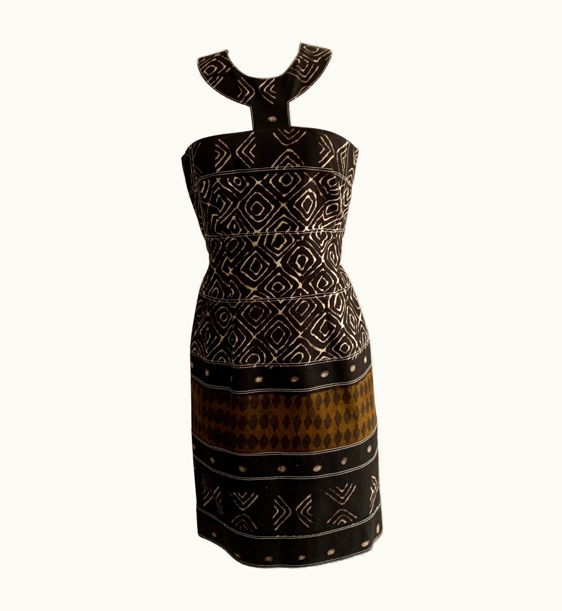 Oscar De La Renta Oscar De La Renta Runway Brown And Ivory Tribal Print Dress With Halter Collar