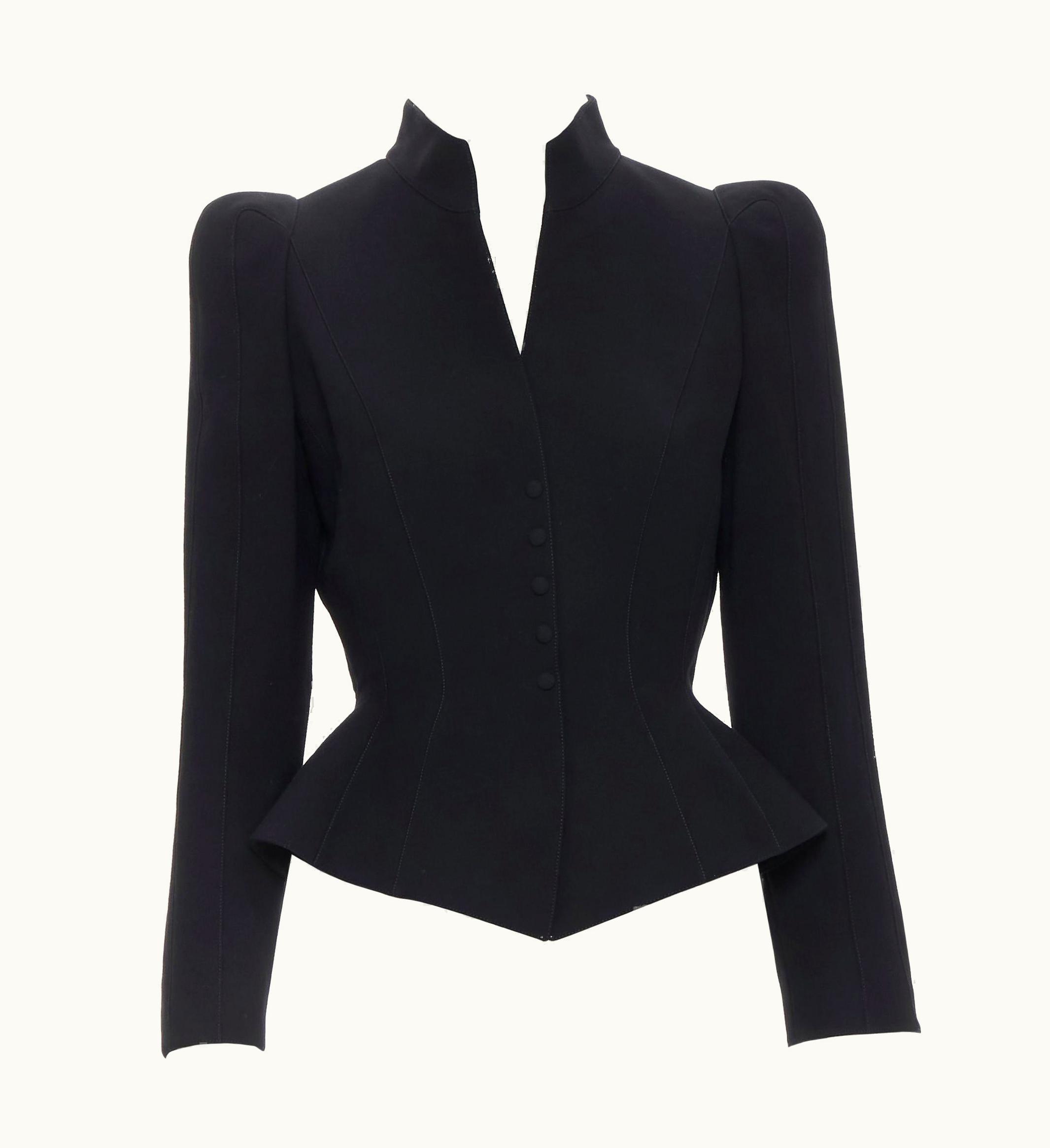 Mugler Thierry Mugler Black Wool Peak Shoulder Fitted Peplum Blazer Jacket UZ0604755