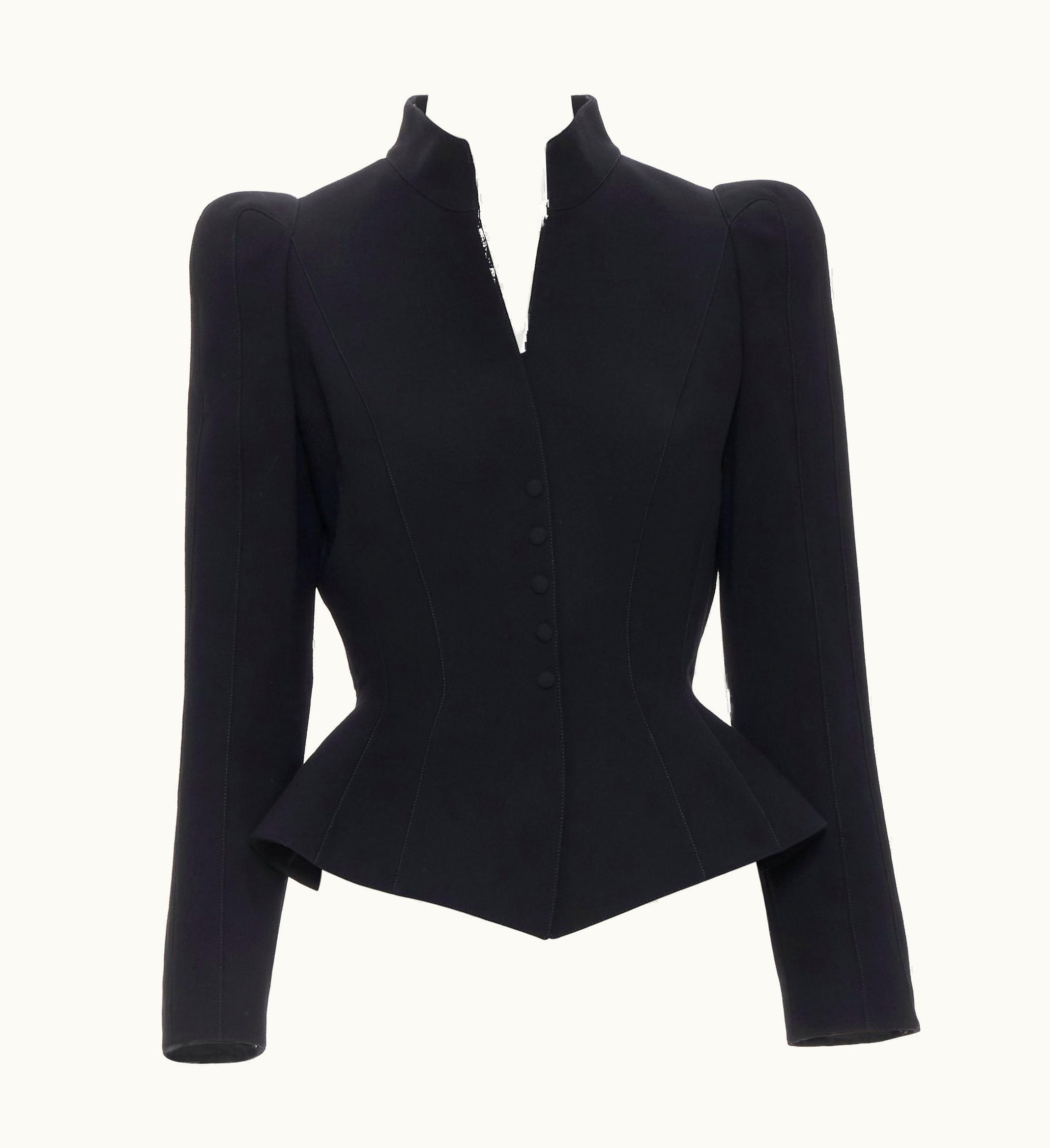 Mugler Thierry Mugler Black Wool Peak Shoulder Fitted Peplum Blazer Jacket UZ0604756