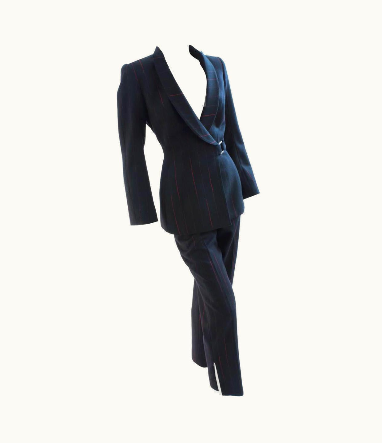 Mugler Chic Thierry Mugler Structured Jacket & Pant Suit Navy Pinstripe Wool