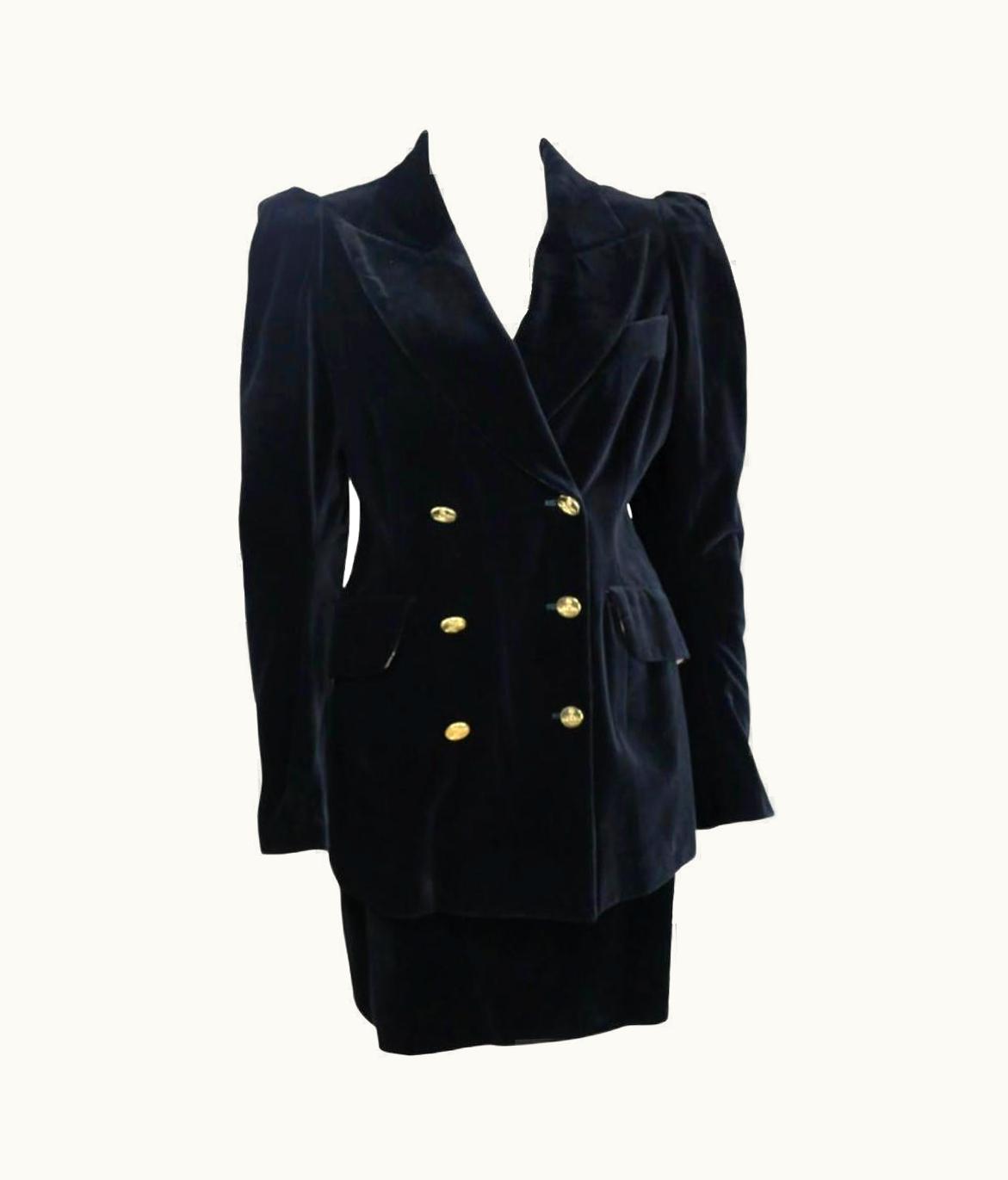 Vivienne Westwood 90s Vivienne Westwood Black Velvet Double Breasted And Skirt Ensembles