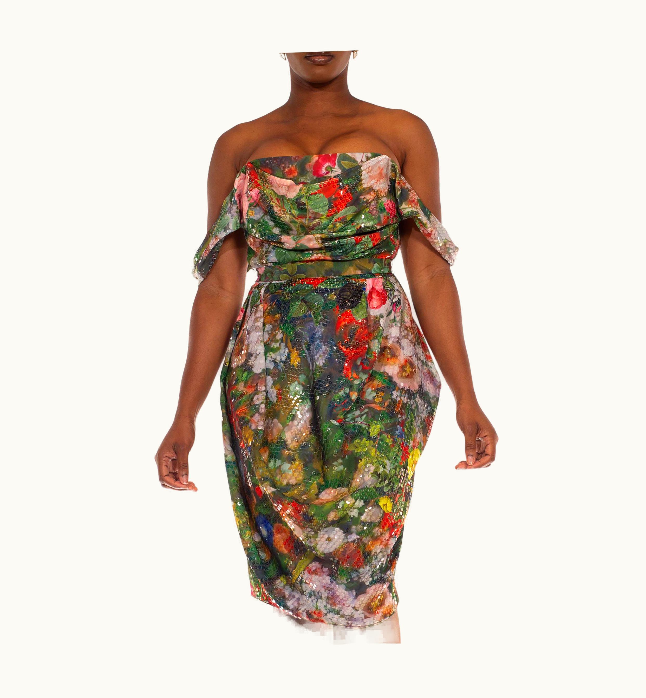 Vivienne Westwood 2000s Vivienne Westwood Green Floral Polyester Chiffon Over Printed Sequined St