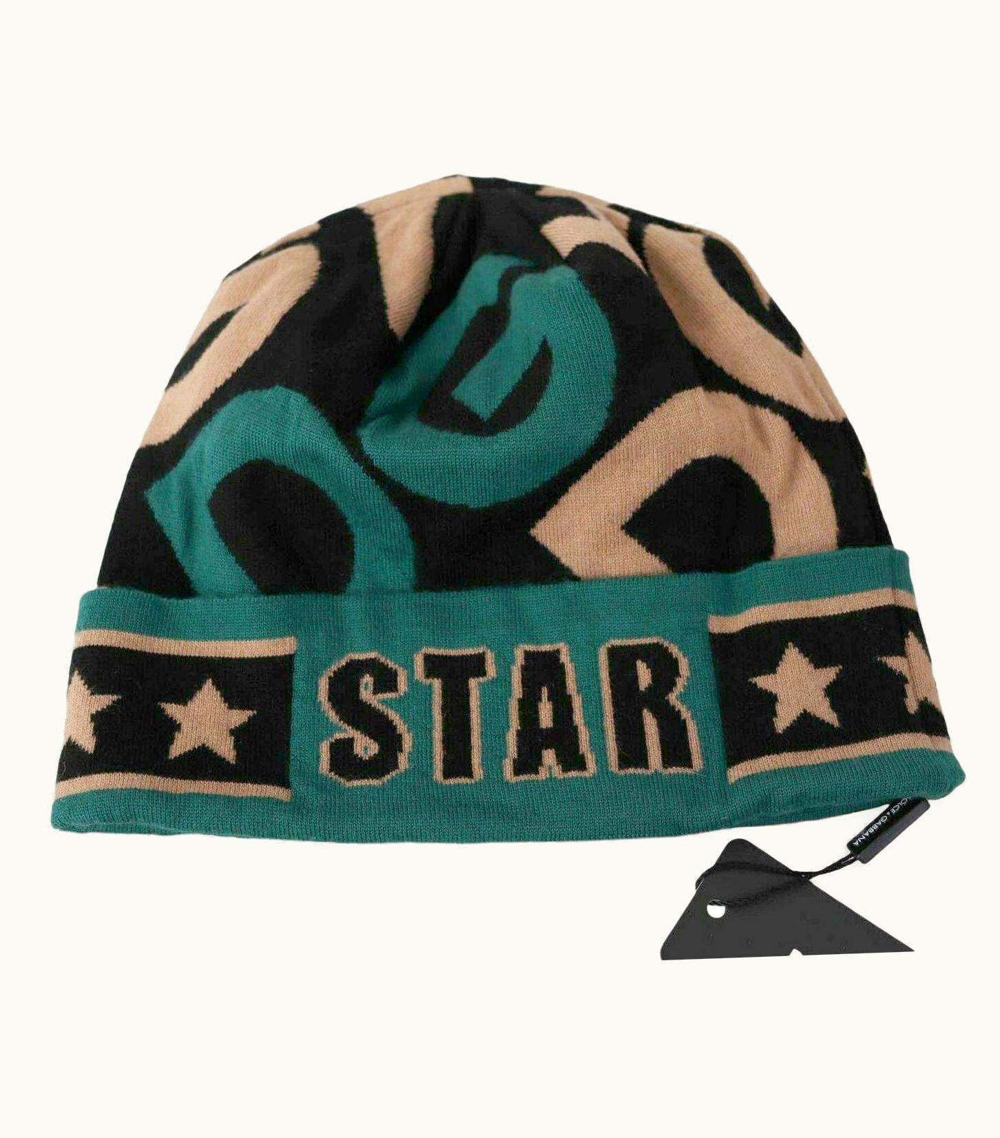 Dolce & Gabbana Dolce & Gabbana Green Black Beige Wool Beanie Star Hat With Dg Logo One Size