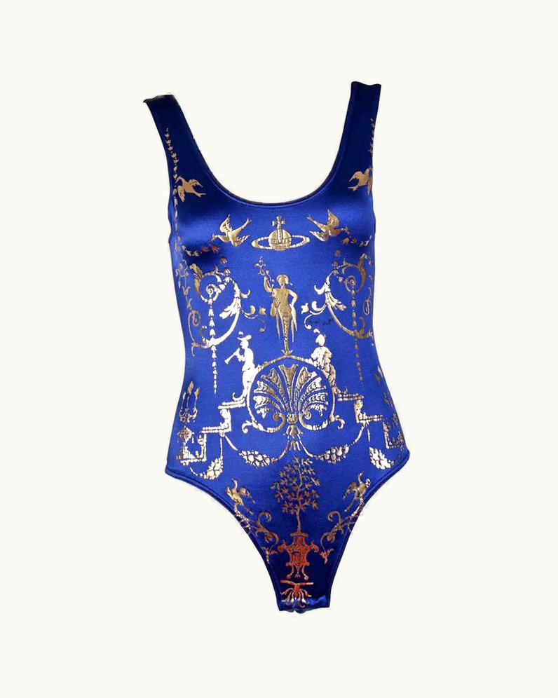 Vivienne Westwood Ca. 1992 Iconic Vivienne Westwood Cobalt Blue & Silver Printed Bodysuit