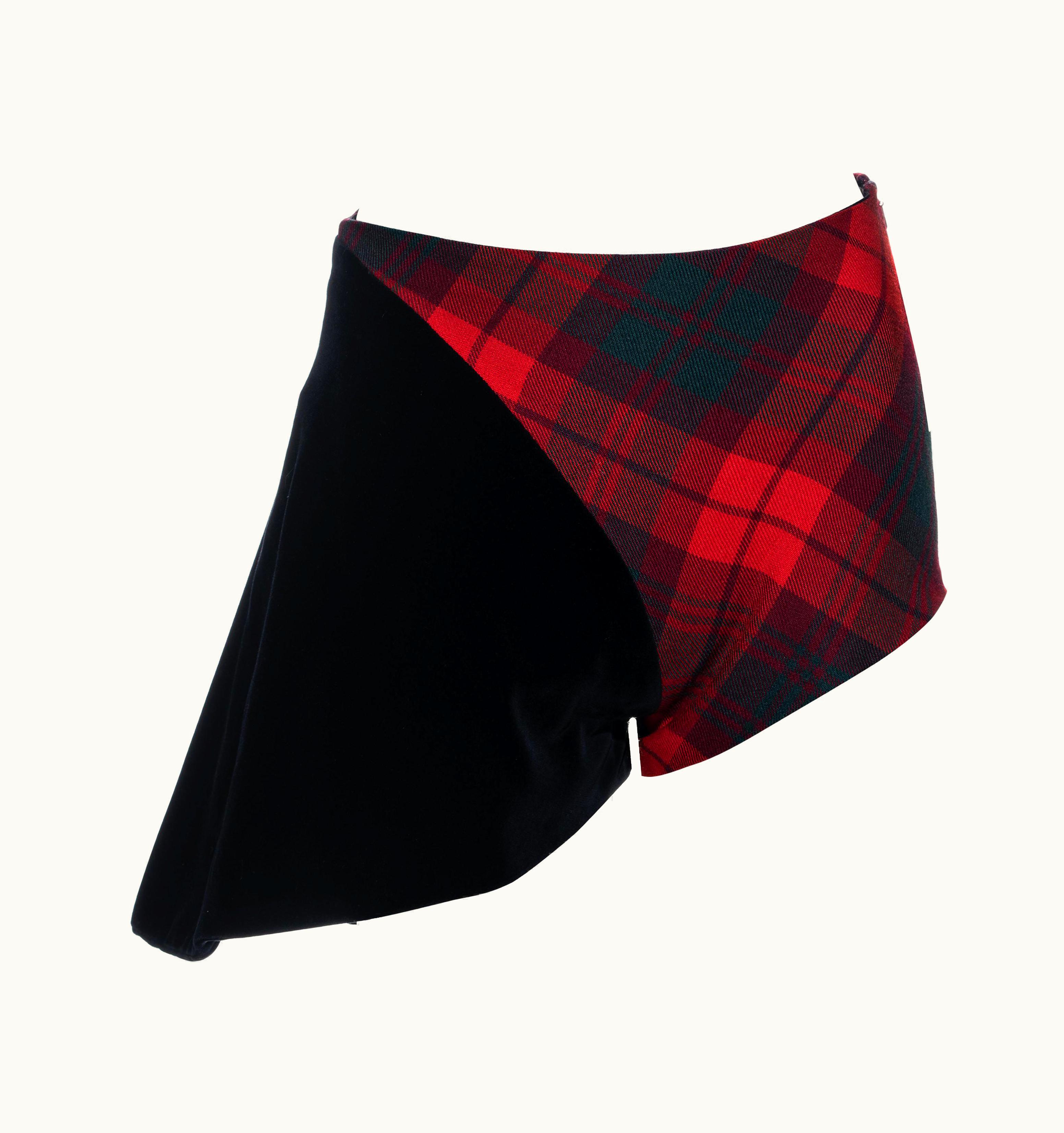 Vivienne Westwood Red Tartan Wool And Black Velvet Bias Cut Shorts, AW 1996