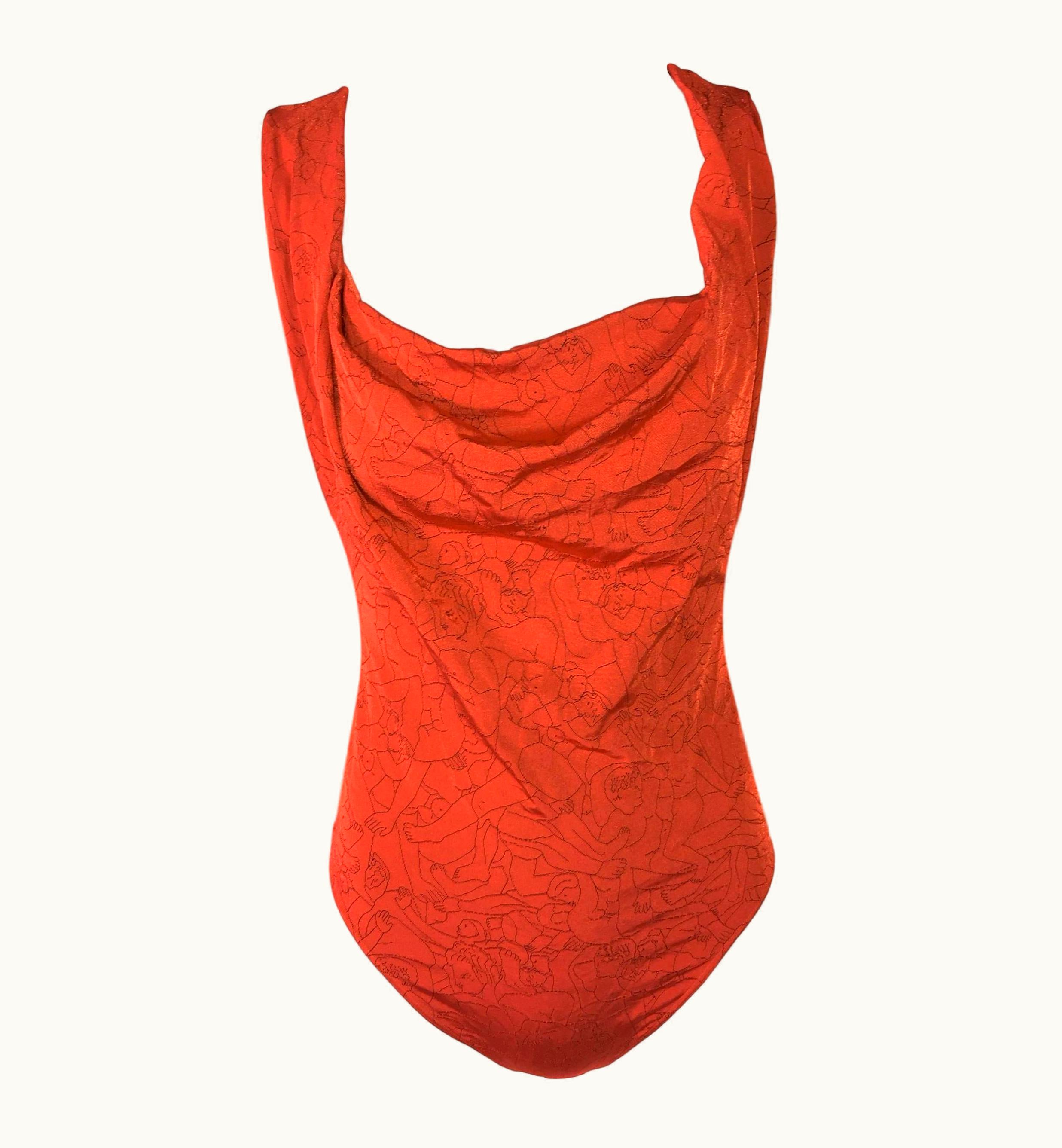 Vivienne Westwood 2004 Vivienne Westwood Wolford Orgie Print Orange Bodysuit Top