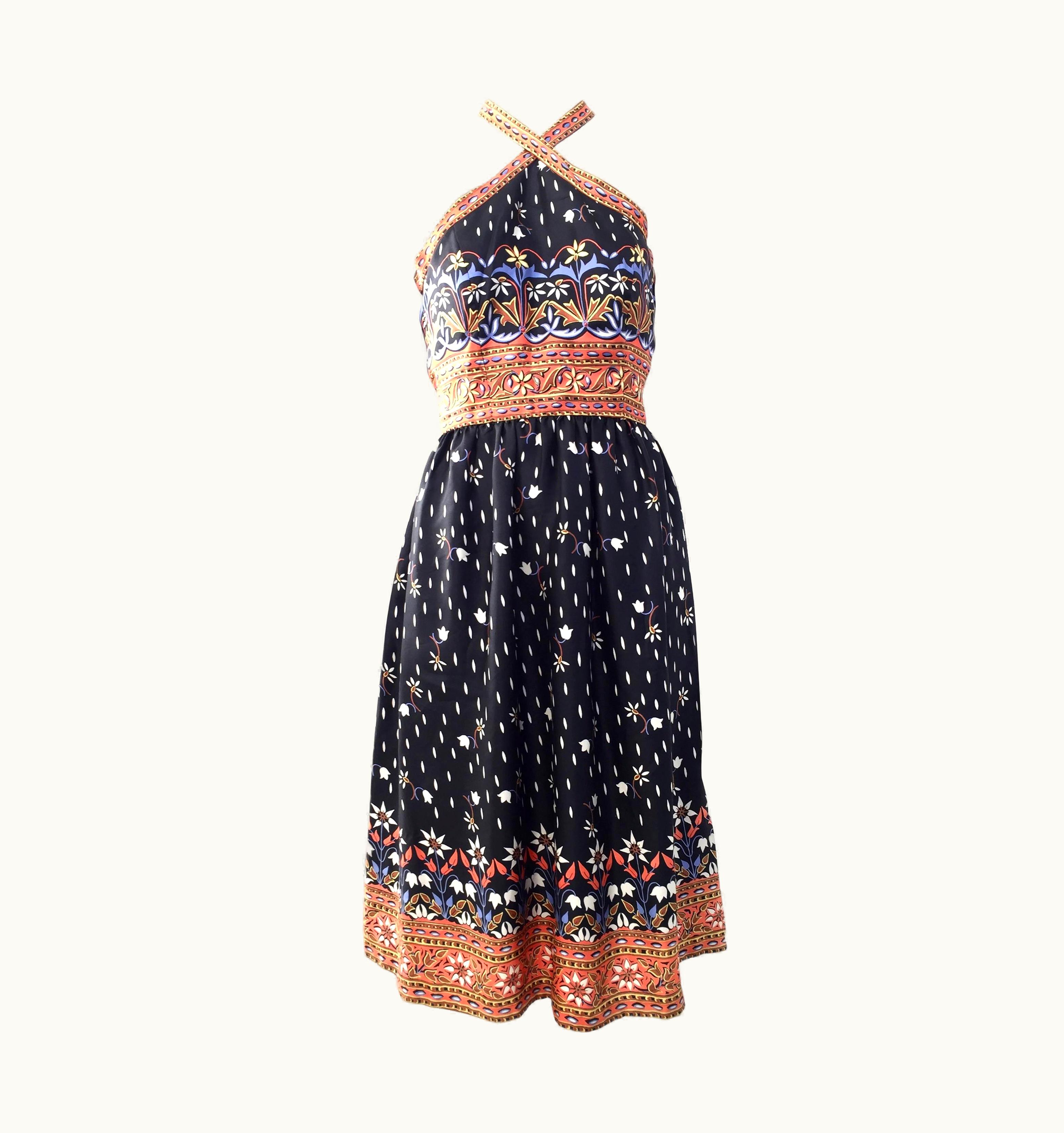 Oscar De La Renta 1970s Oscar De La Renta Silk Print Halter Dress