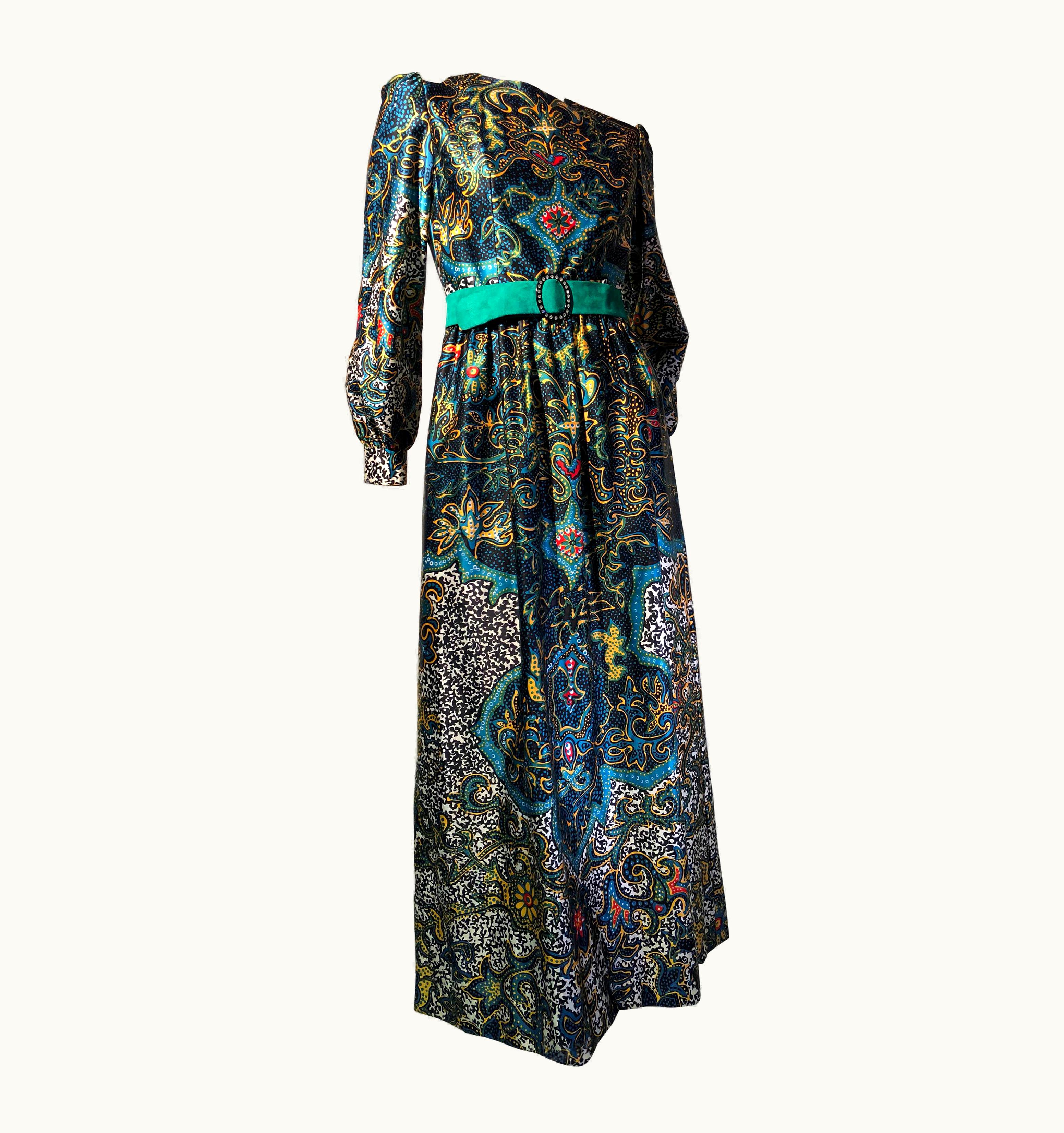 Oscar De La Renta 1970s Oscar De La Renta Bohemian Print Satin Maxi Dress