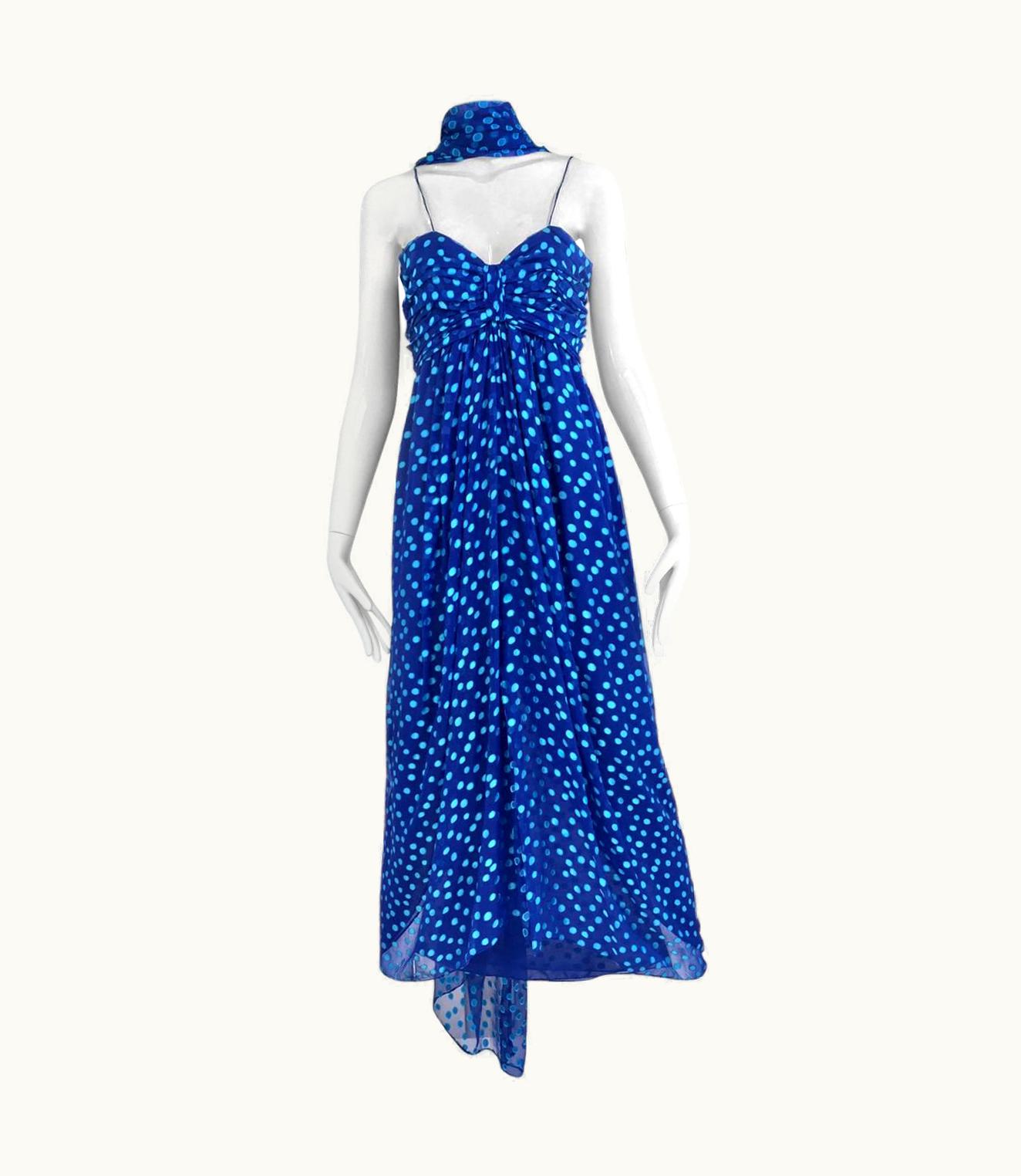 Oscar De La Renta 1970s Oscar De La Renta Blue Silk Polkadot Dress With Shawl