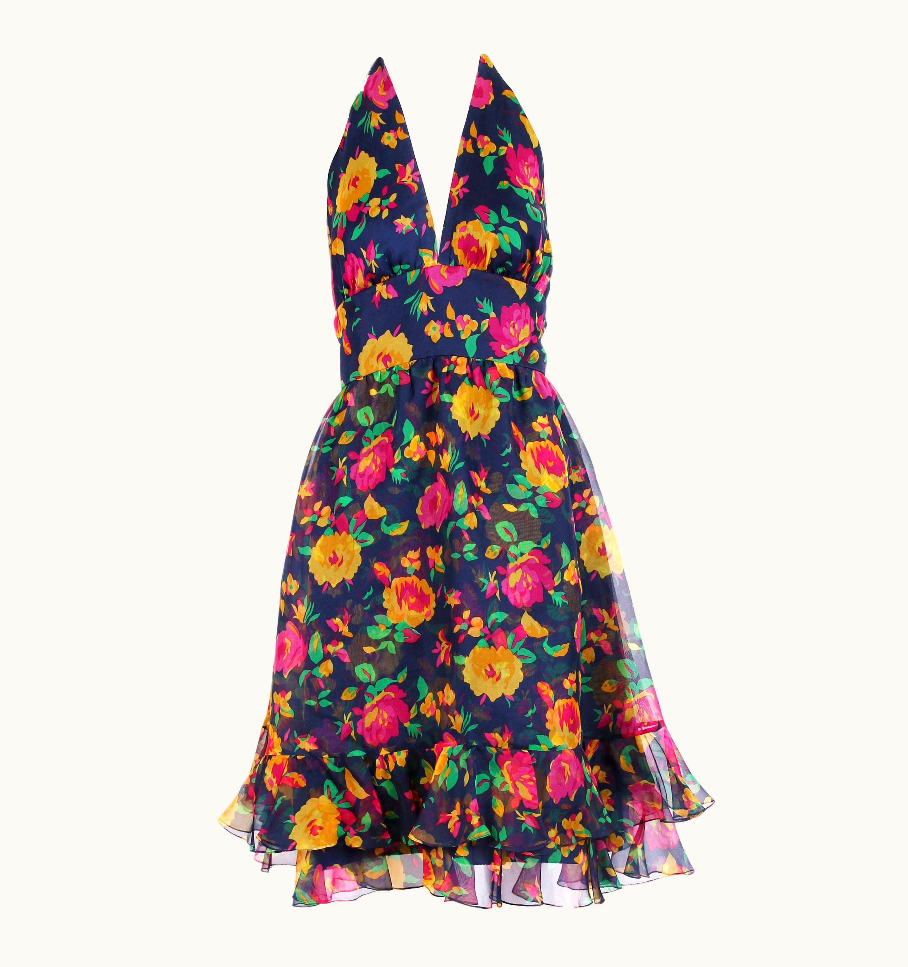 Oscar De La Renta Oscar De La Renta Floral Organza Multi-Layered Halter Day Dress