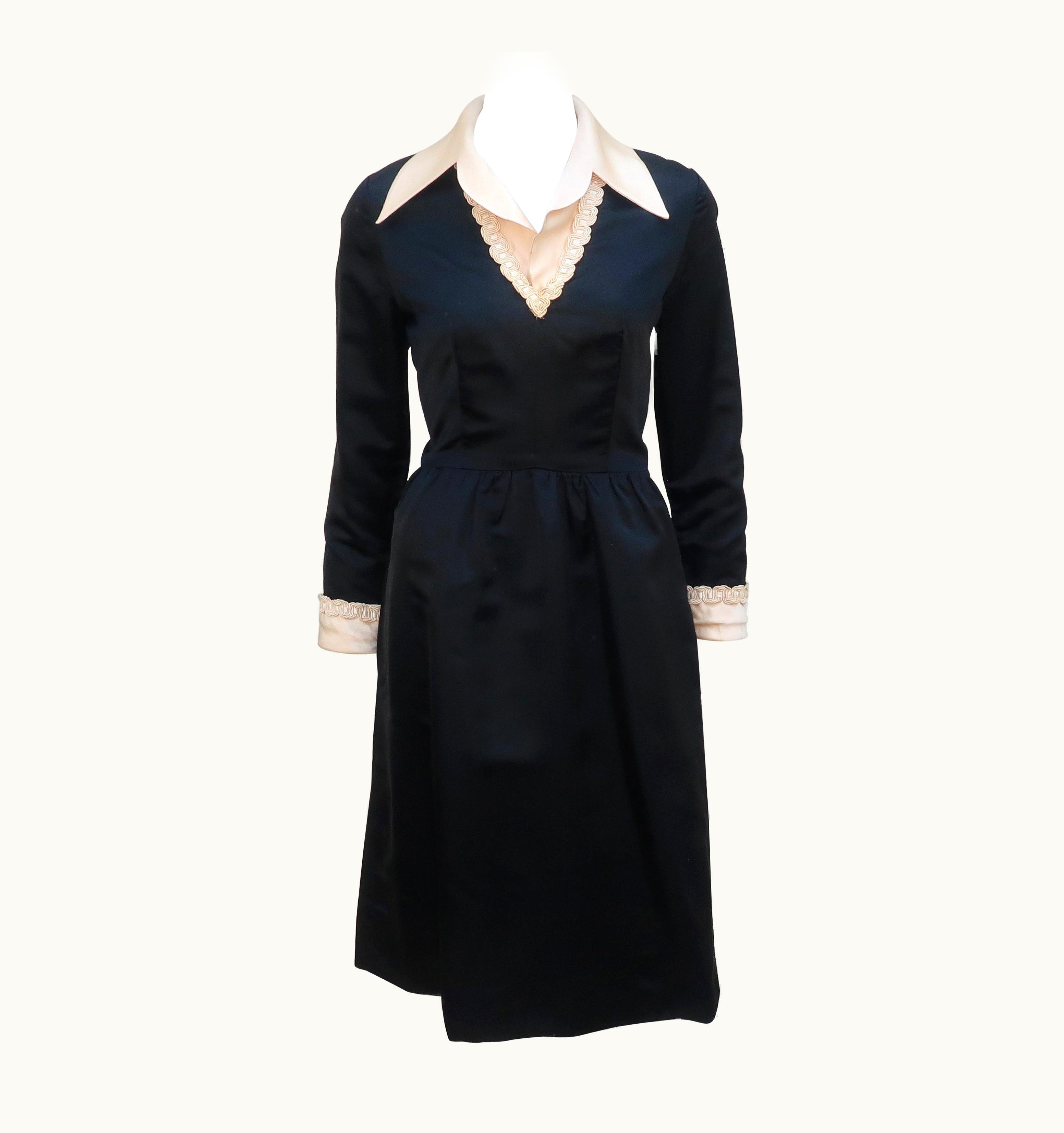 Oscar De La Renta Oscar De La Renta Black & Ivory Satin Cocktail Dress, 1970'