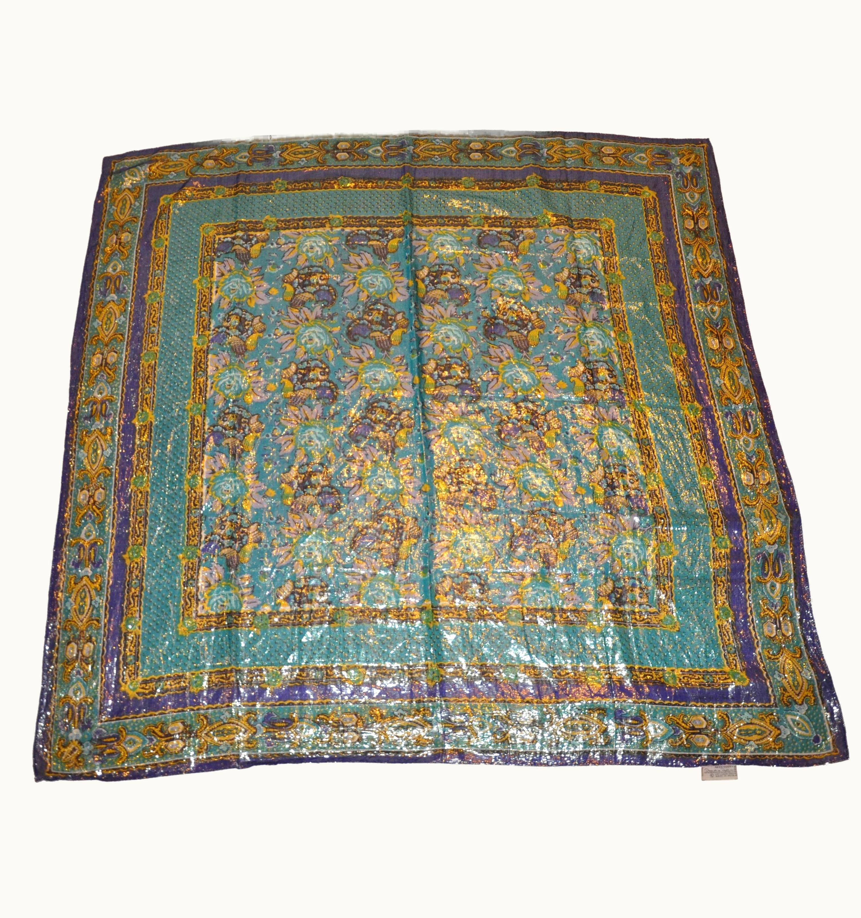 Oscar De La Renta Oscar De La Renta Large Metallic Multicolor Violet And Green Floral Scarf