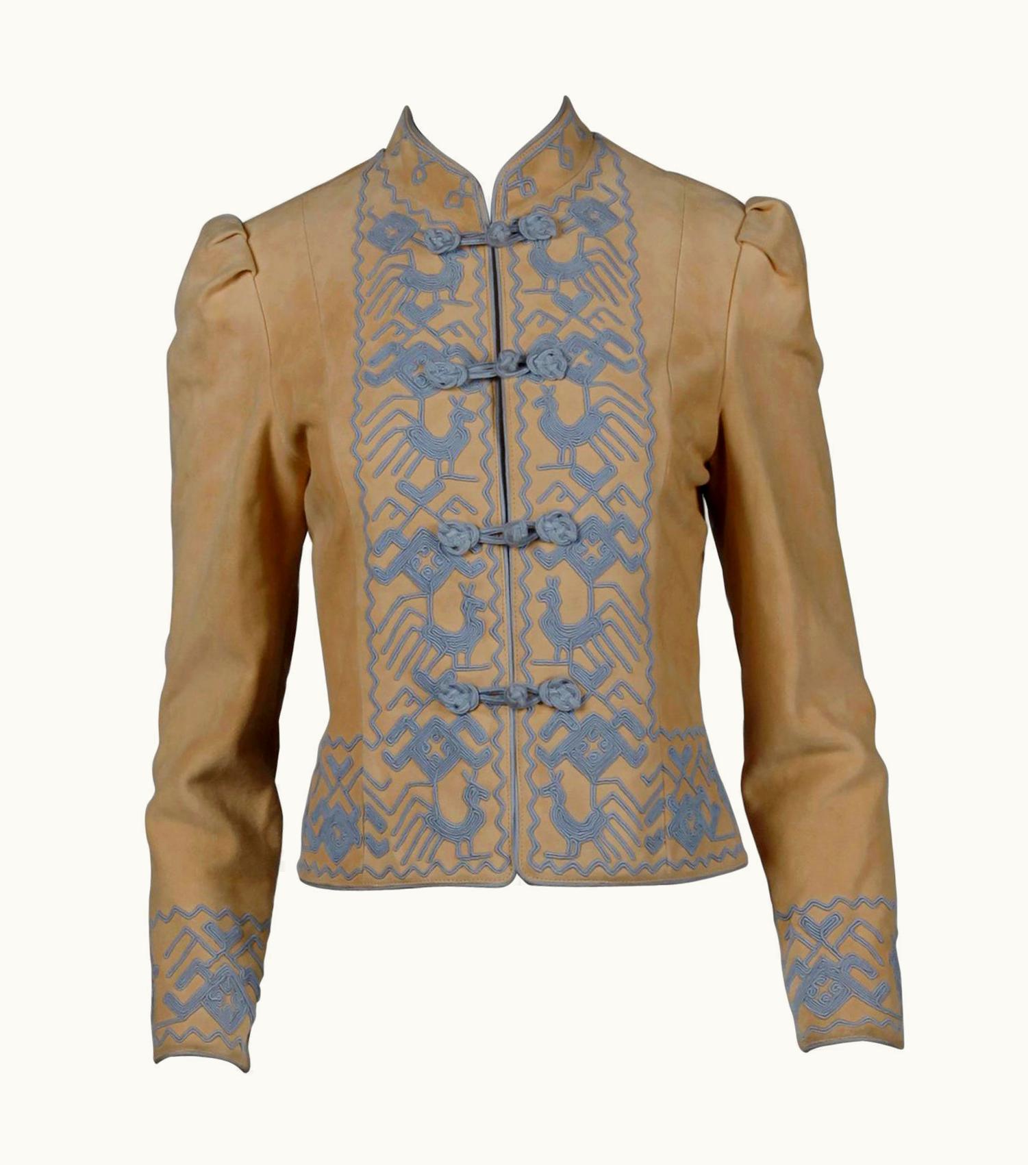 Oscar De La Renta Pristine 1970s Oscar De La Renta Tan + Purple Suede Leather + Embroidery Jacket