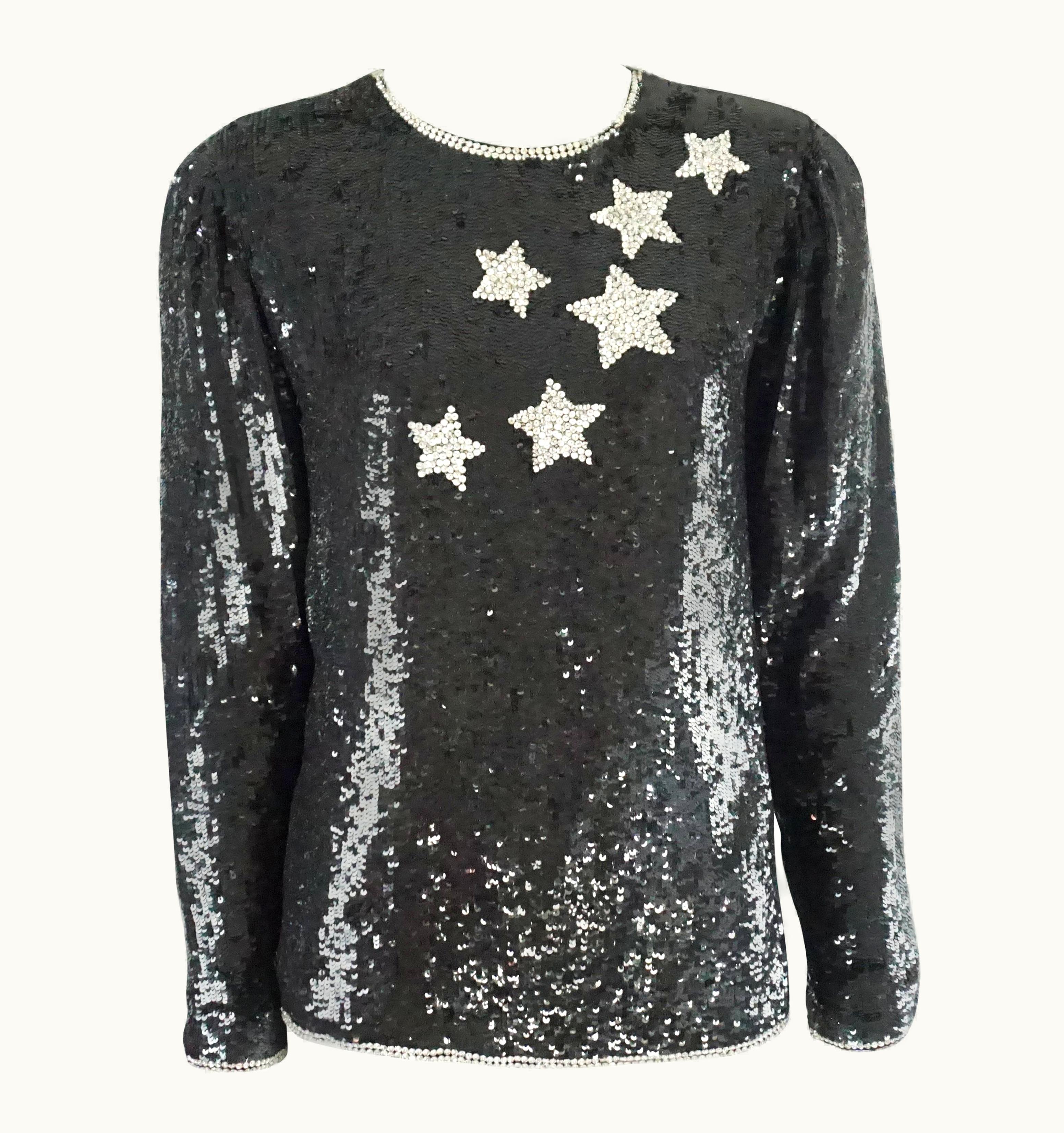 Oscar De La Renta Oscar De La Renta Black Stars Sequin And Bead Top