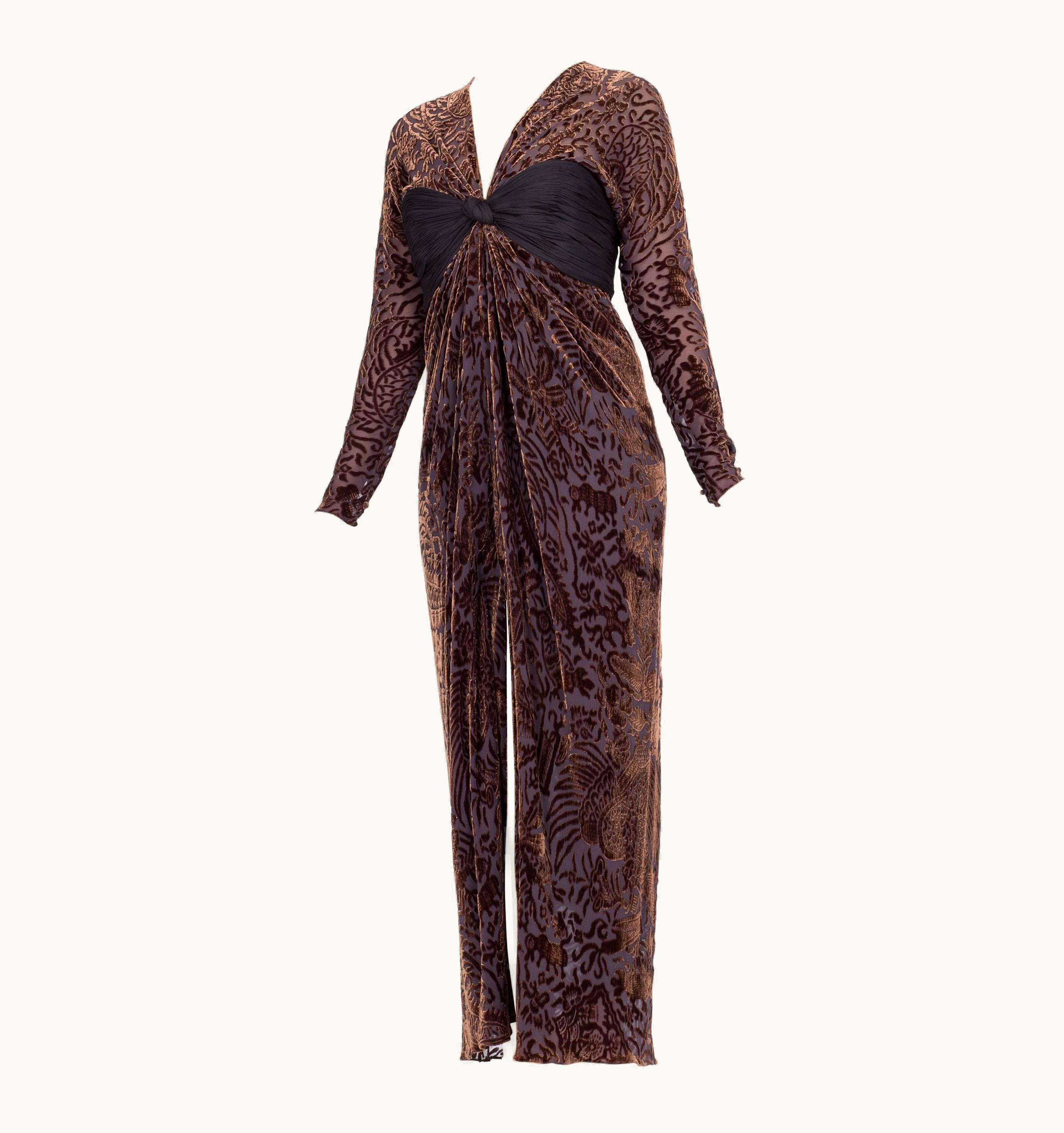 Oscar De La Renta 1970s Oscar De La Renta Silk Burnout Velvet & Draped Chiffon Gown With Sleeves