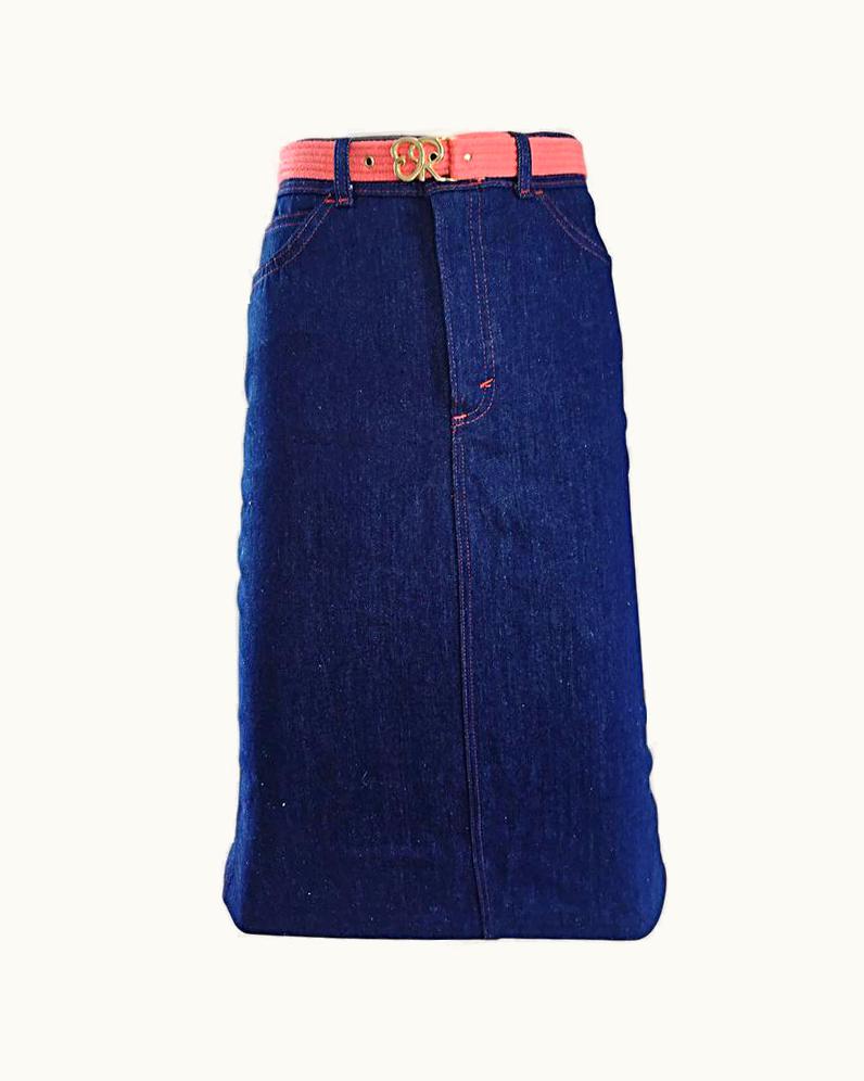Oscar De La Renta 1970s Oscar De La Renta Deadstock Blue Jean Belted Vintage Denim Pencil Skirt