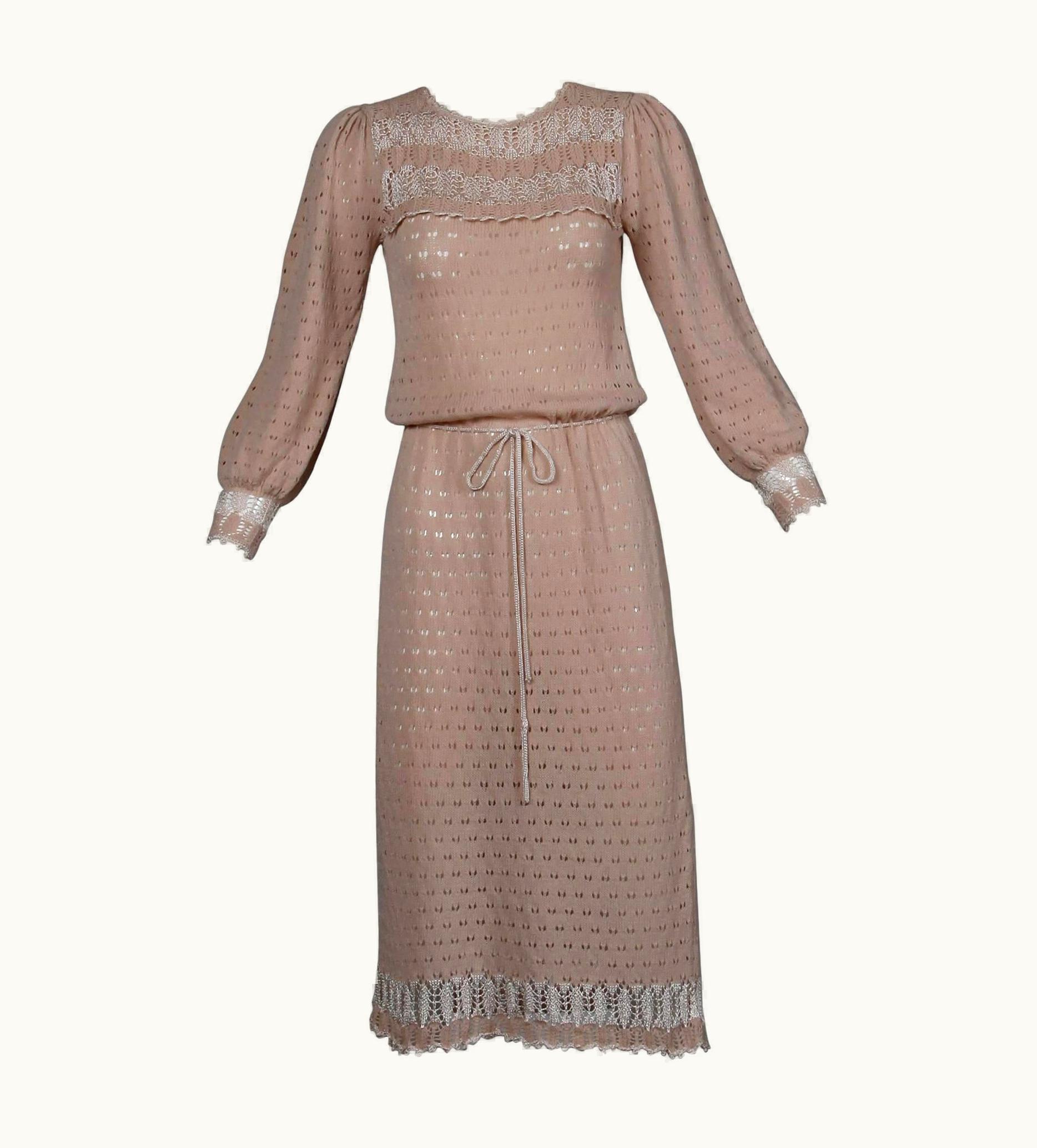 Oscar De La Renta 1970s Oscar De La Renta Vintage Dusty PinkS/S Blush Knit + Crochet Sweater Dress