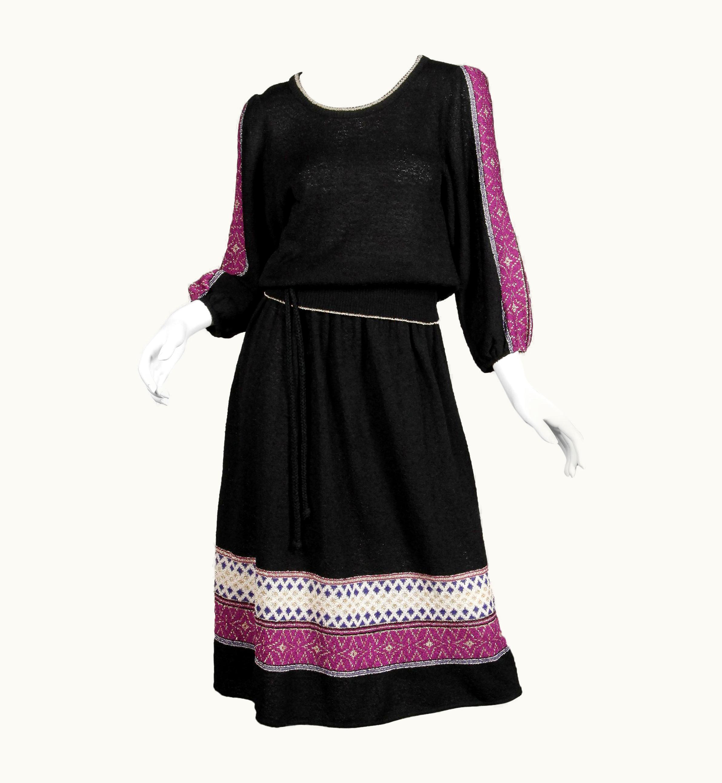 Oscar De La Renta 1970s Oscar De La Renta Vintage Knit Sweater Top, Skirt + Belt Dress Ensemble