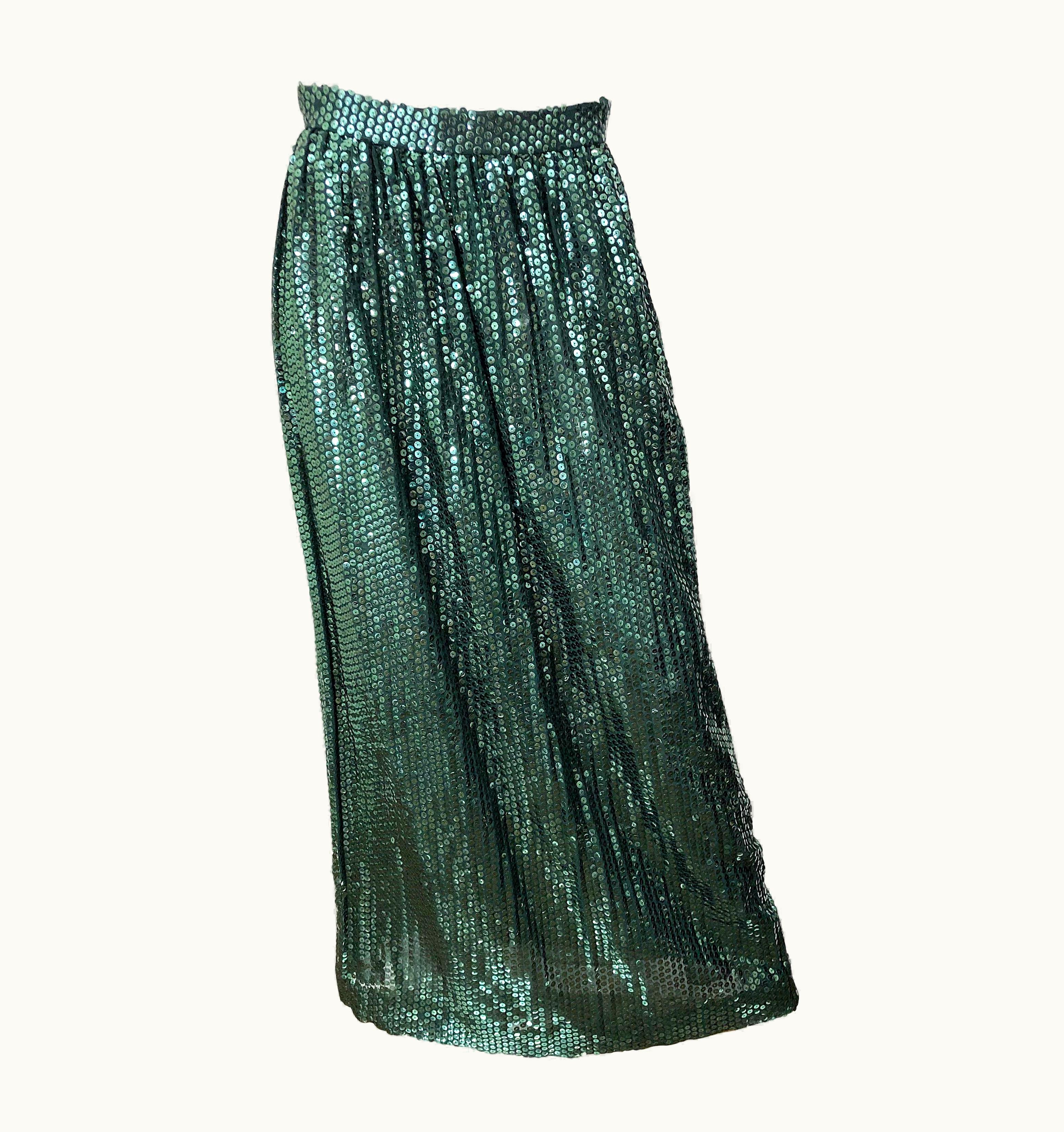 Oscar De La Renta 1970s Oscar De La Renta Hunter Green Silk Chiffon Sequin Vintage 70s Maxi Skirt