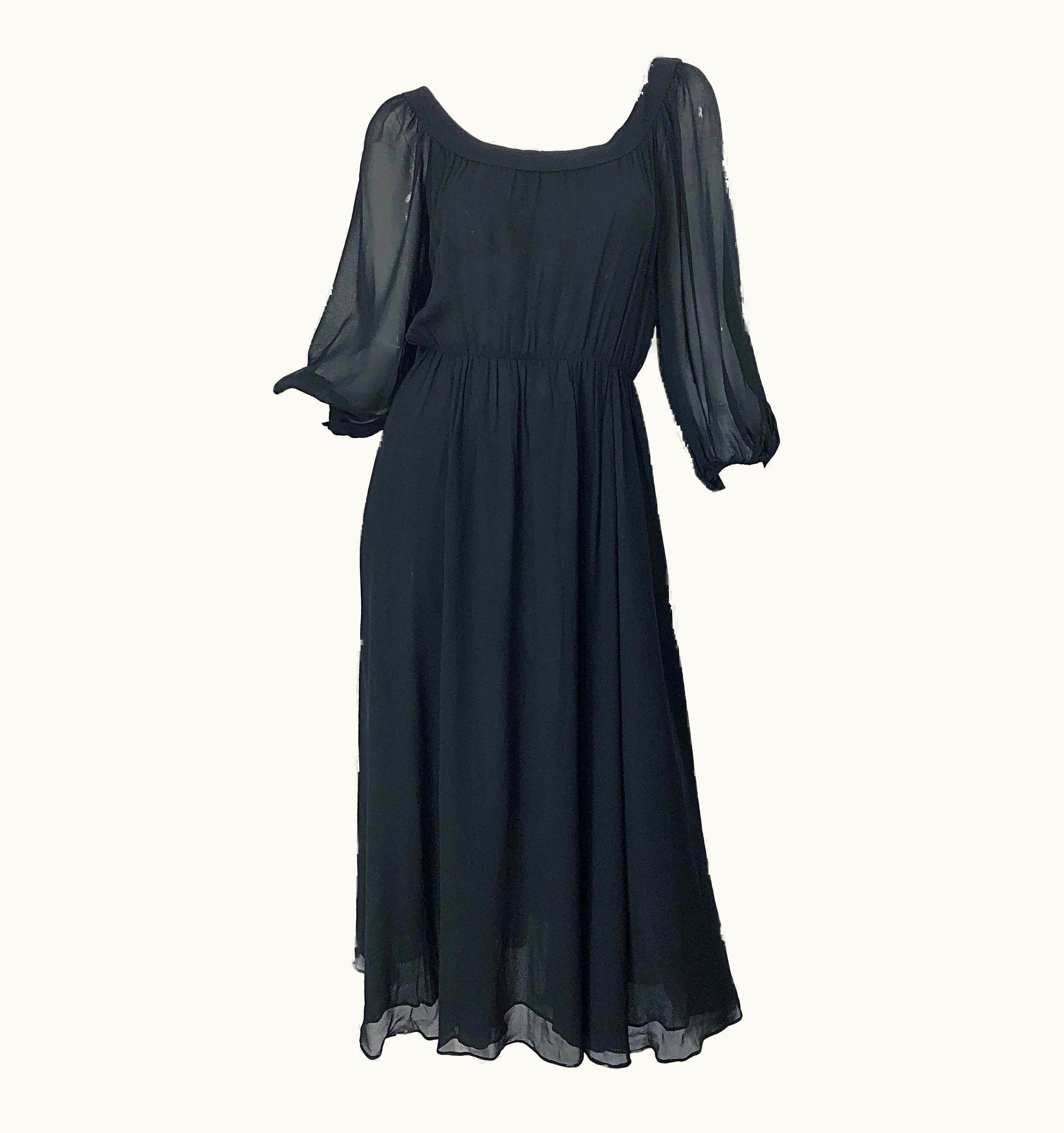 Oscar De La Renta Vintage Oscar De La Renta 1970s Black Silk Chiffon Crepe Boho 70s Midi Dress