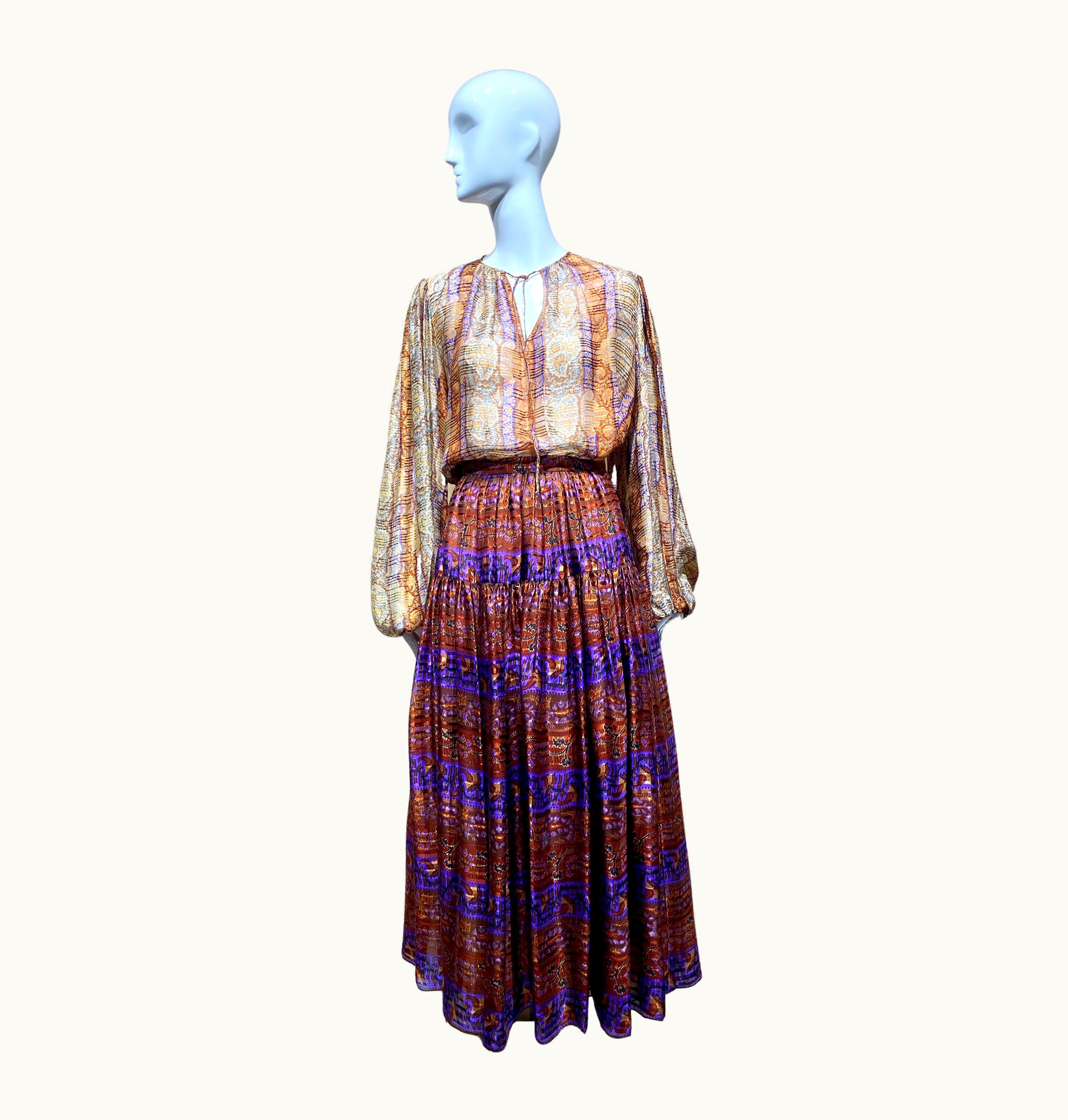 Oscar De La Renta 1970s Oscar De La Renta Brown And Creme Silk Long Sleeve Blouse And Skirt Set