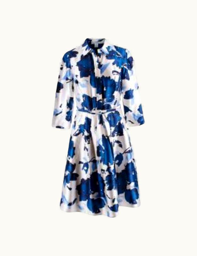 Oscar De La Renta Oscar De La Renta Blue Printed Belted Dress