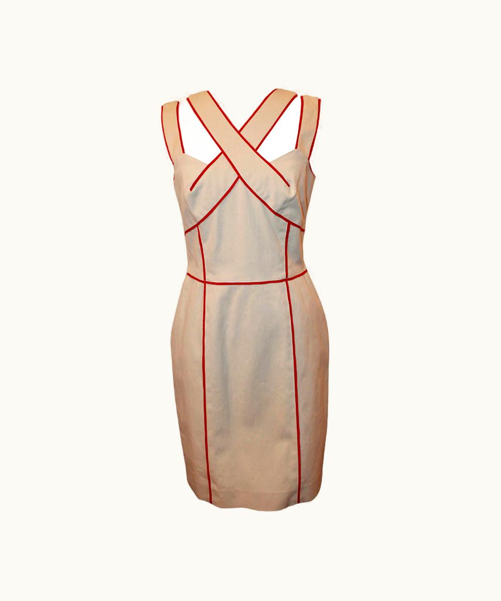 Oscar De La Renta Oscar De La Renta Cream Dress With Red Trim