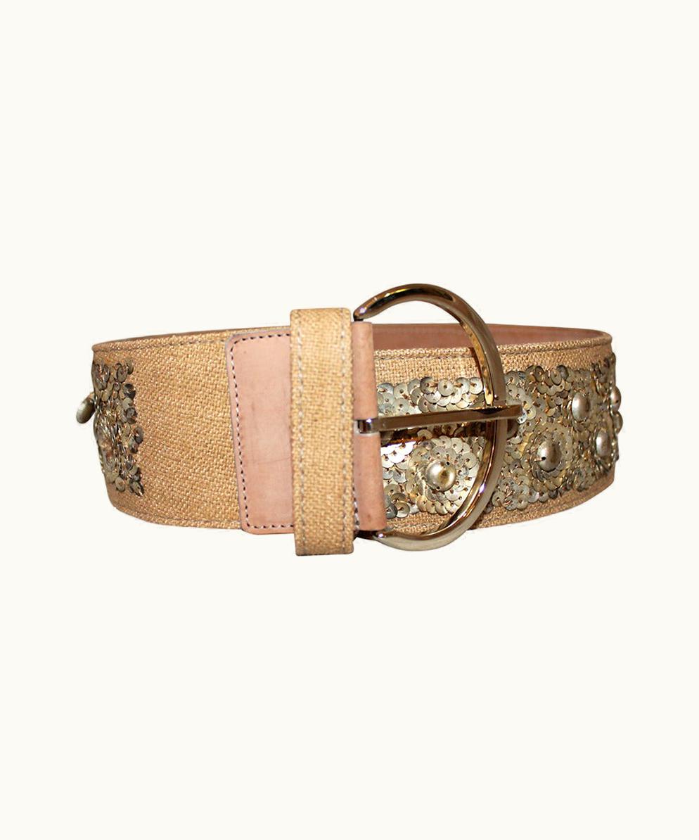 Oscar De La Renta Oscar De La Renta Tan Canvas & Sequin Belt