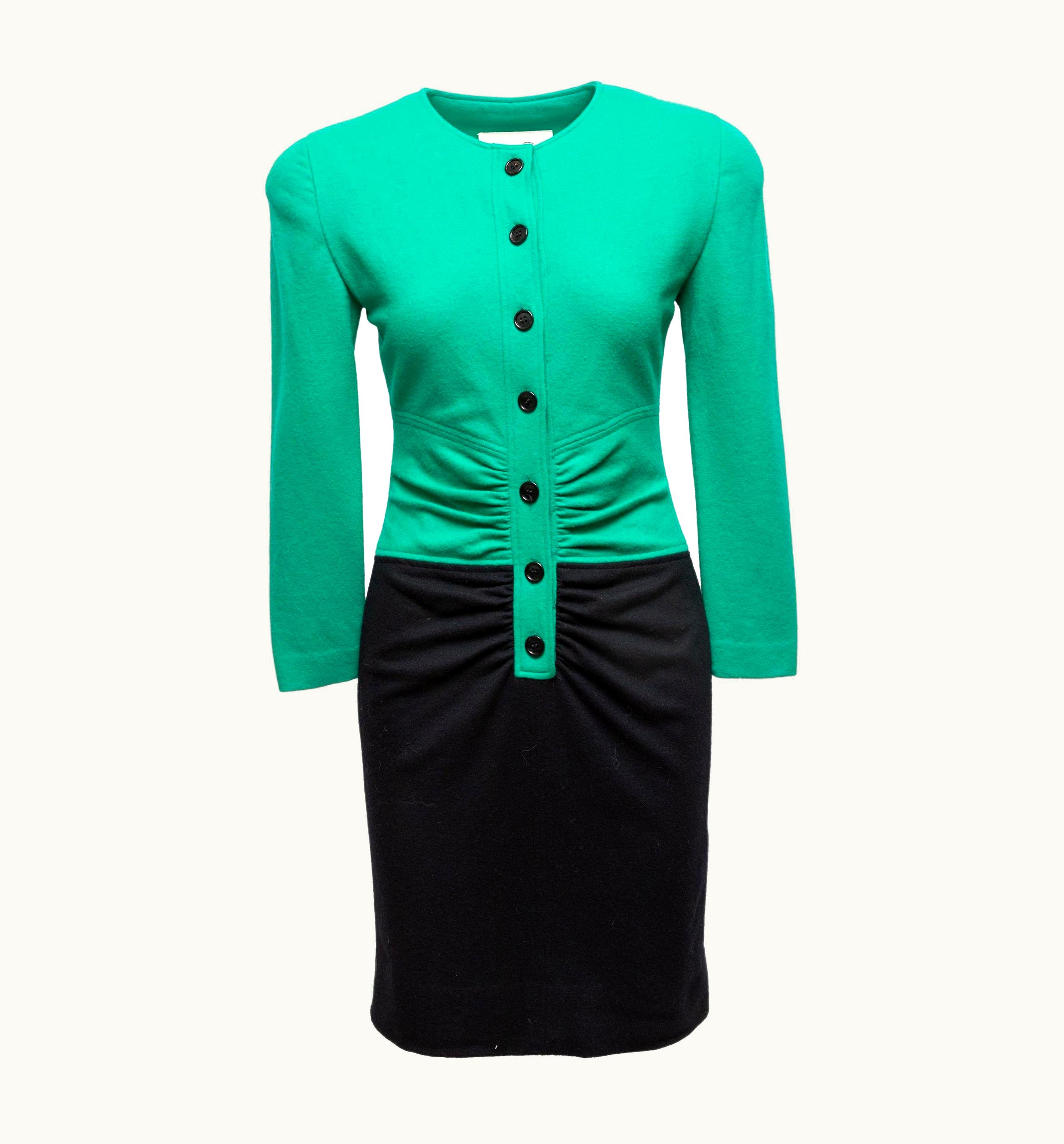 Oscar De La Renta Oscar De La Renta Green & Black Long Sleeve Dress
