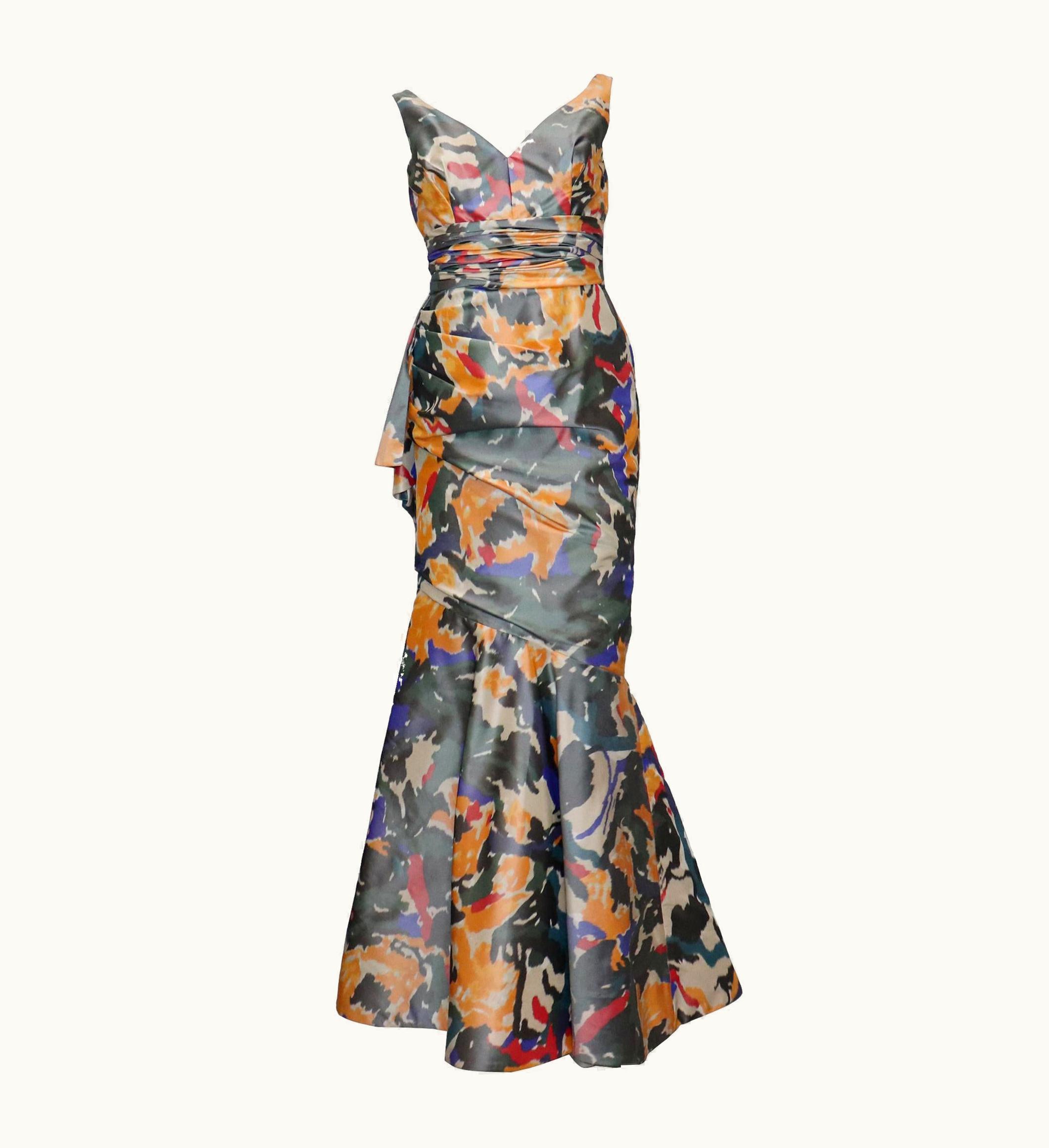 Oscar De La Renta Oscar De La Renta Multicolor Warp Print Gown WS/S Gathers