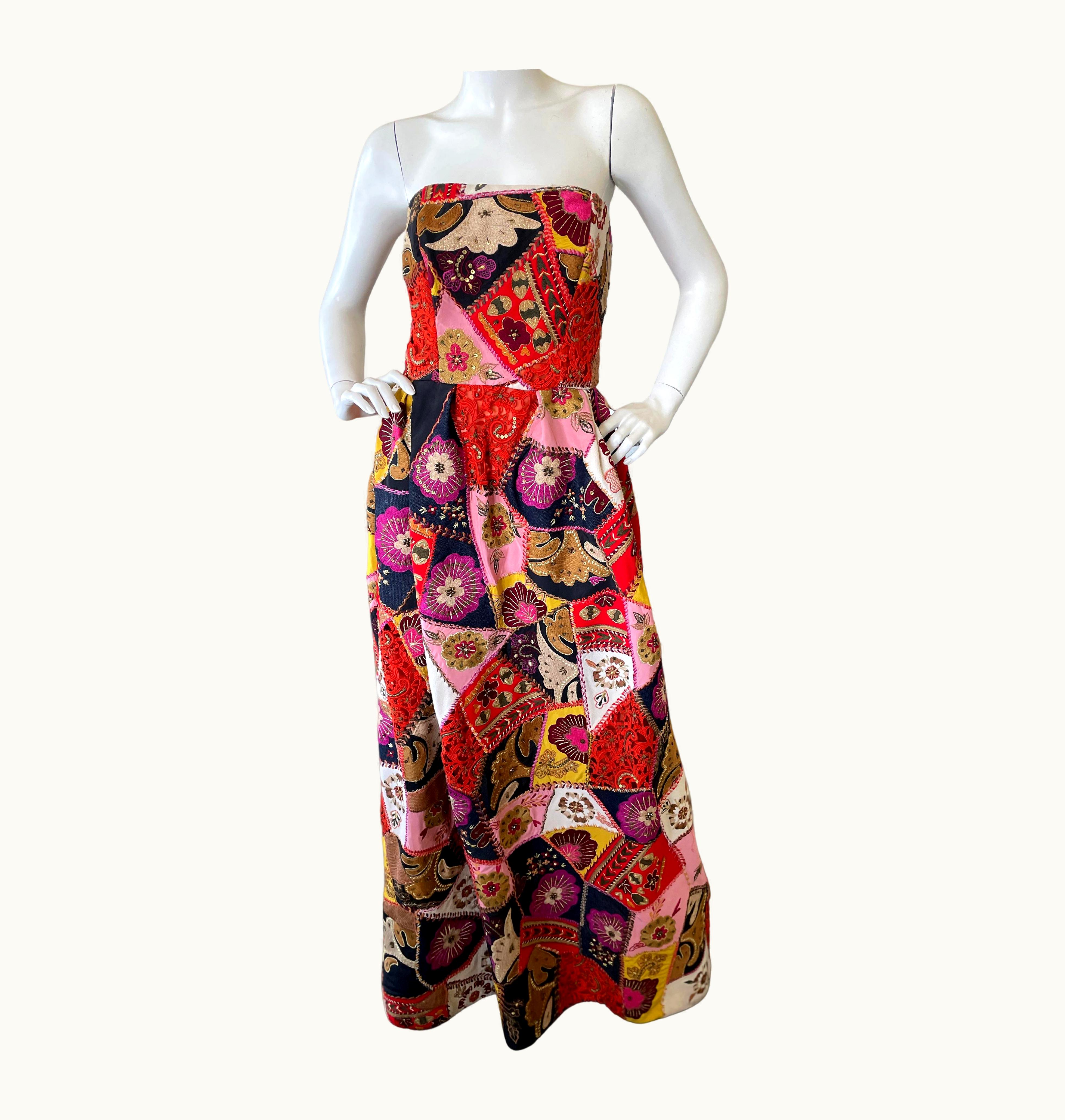 Oscar De La Renta Oscar De La Renta Vintage Strapless Folkloric Patchwork Evening Dress